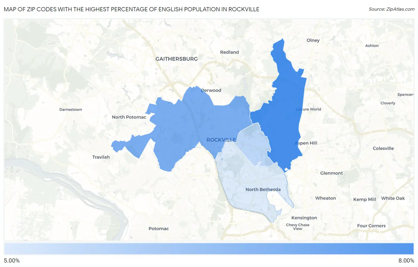 Zip Codes with the Highest Percentage of English Population in Rockville Map