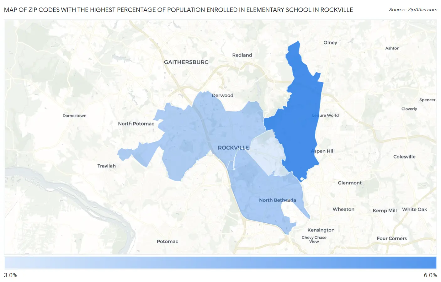 Zip Codes with the Highest Percentage of Population Enrolled in Elementary School in Rockville Map