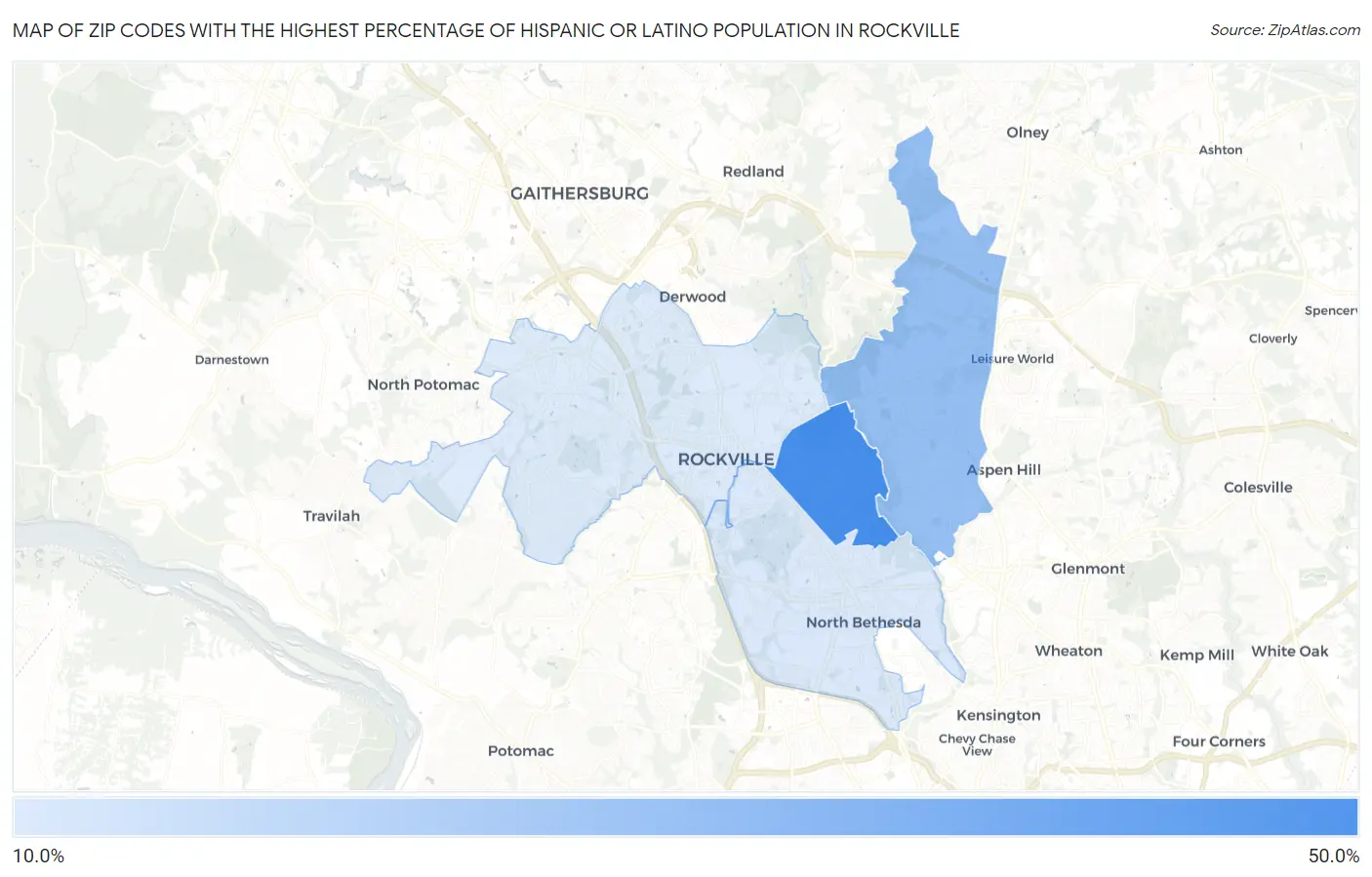 Zip Codes with the Highest Percentage of Hispanic or Latino Population in Rockville Map