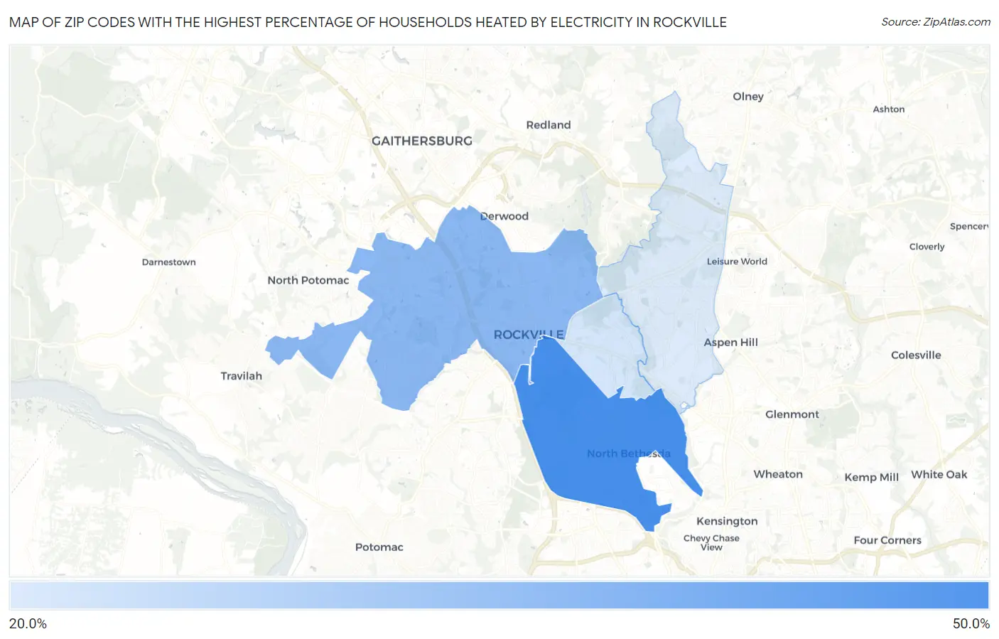 Zip Codes with the Highest Percentage of Households Heated by Electricity in Rockville Map