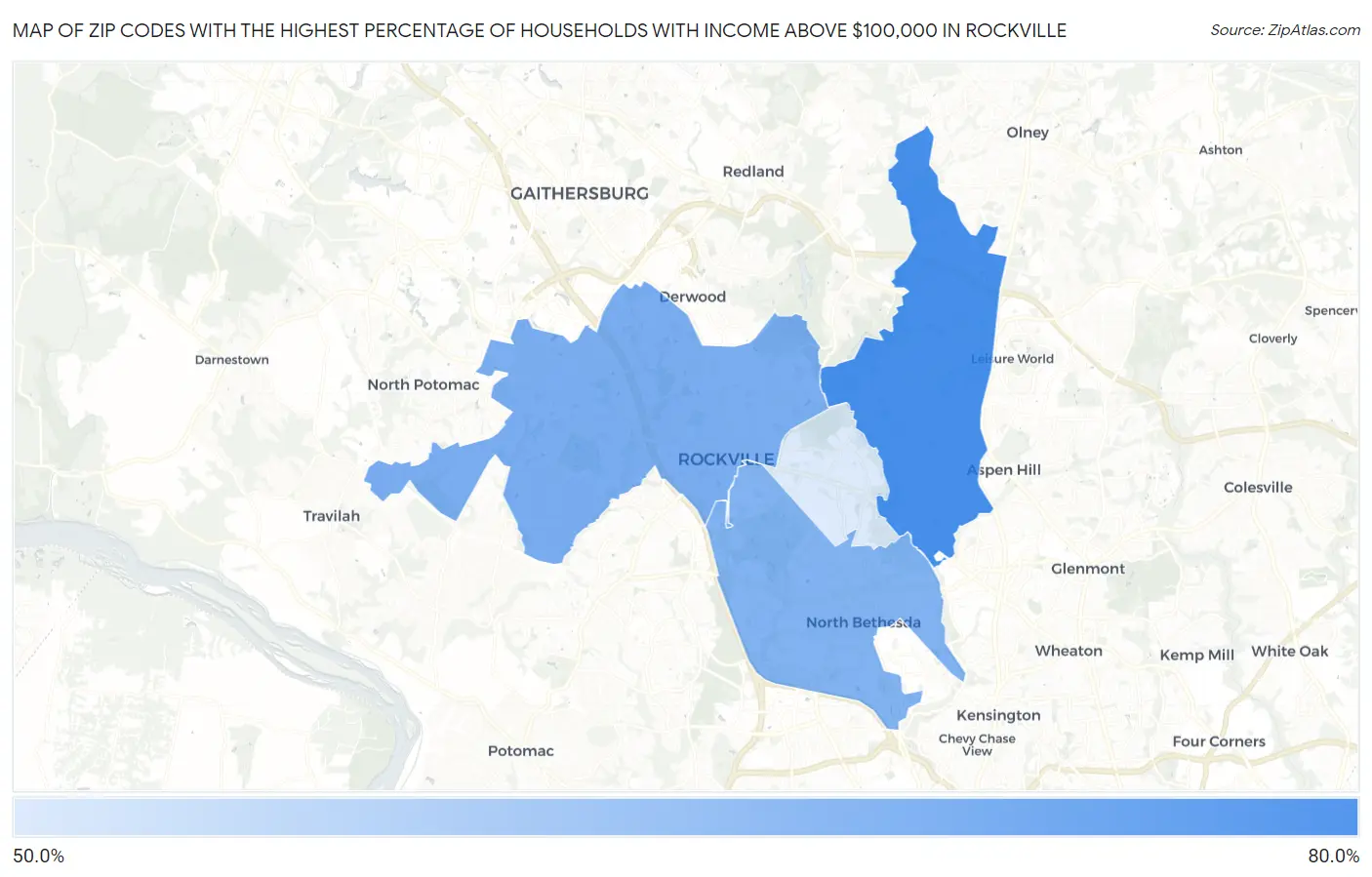 Zip Codes with the Highest Percentage of Households with Income Above $100,000 in Rockville Map