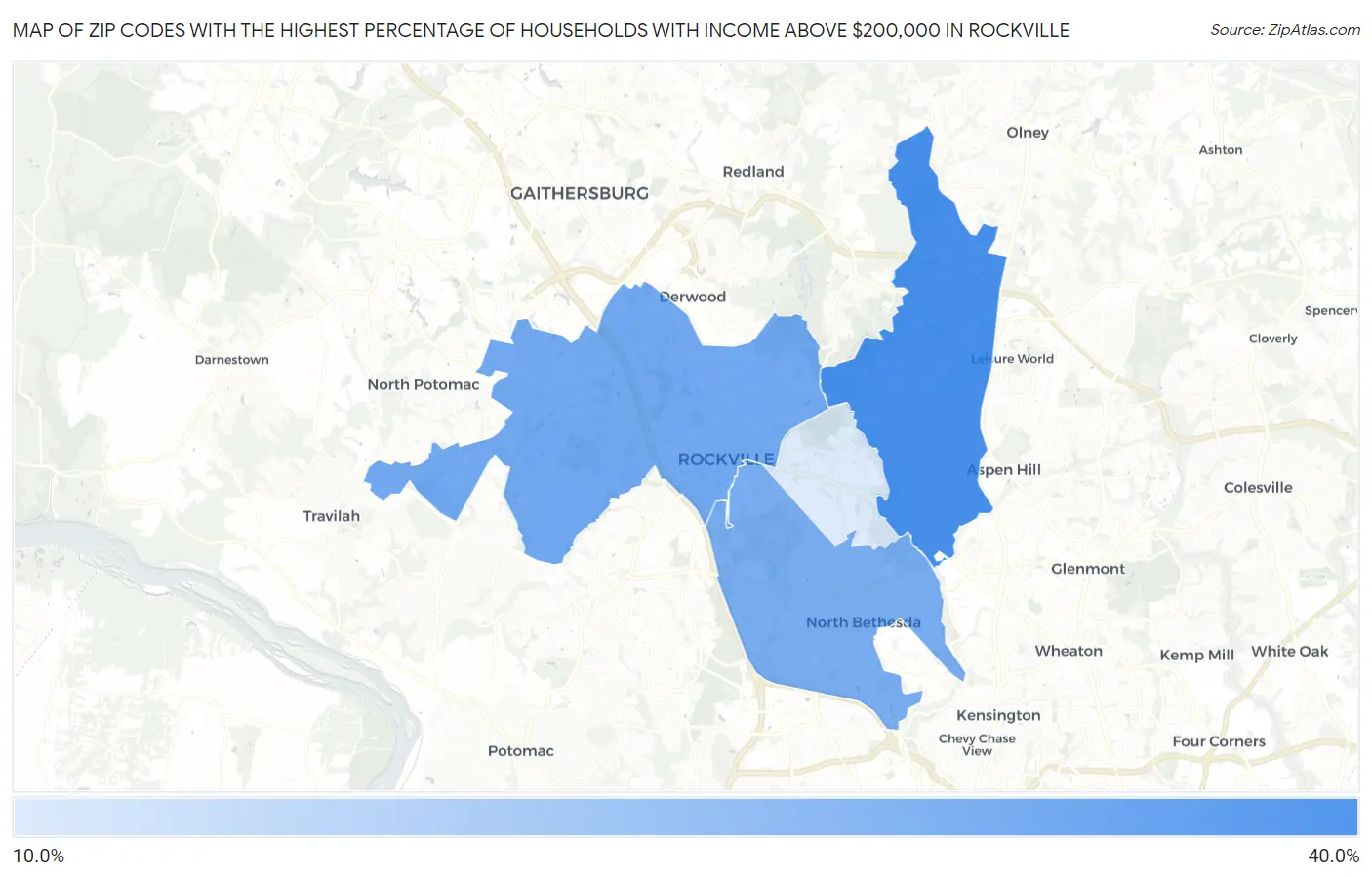 Zip Codes with the Highest Percentage of Households with Income Above $200,000 in Rockville Map