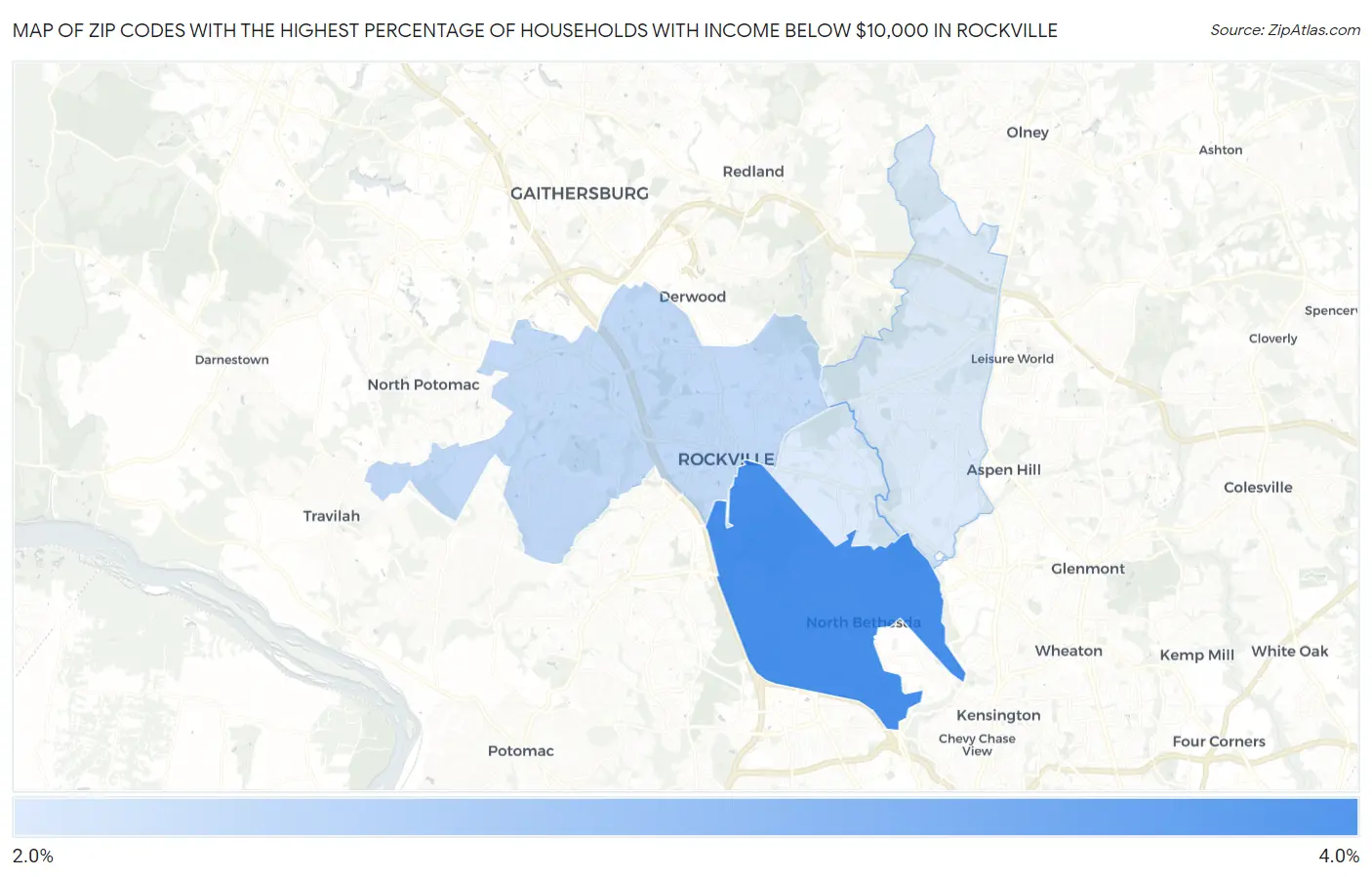 Zip Codes with the Highest Percentage of Households with Income Below $10,000 in Rockville Map