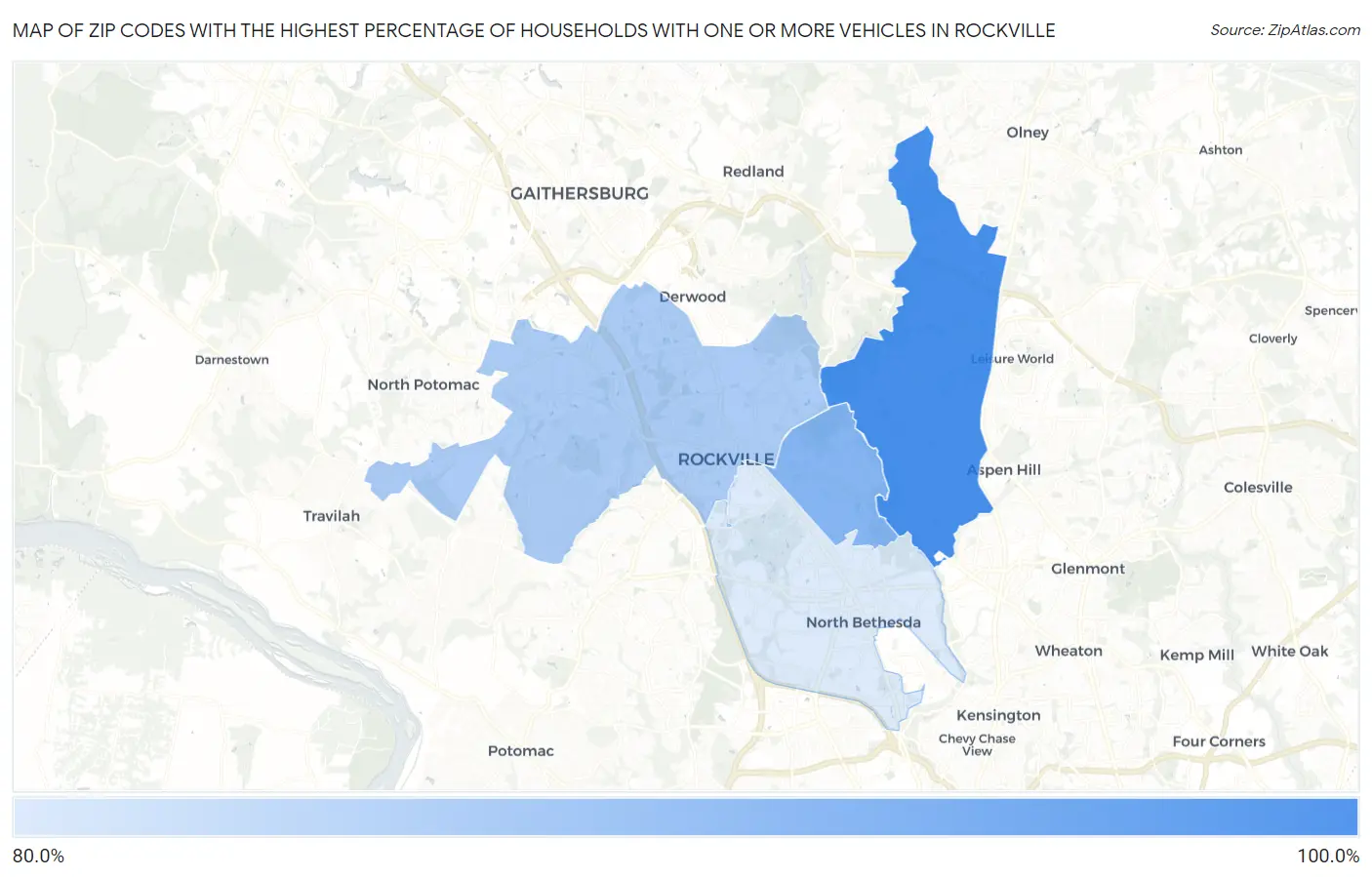 Zip Codes with the Highest Percentage of Households With One or more Vehicles in Rockville Map
