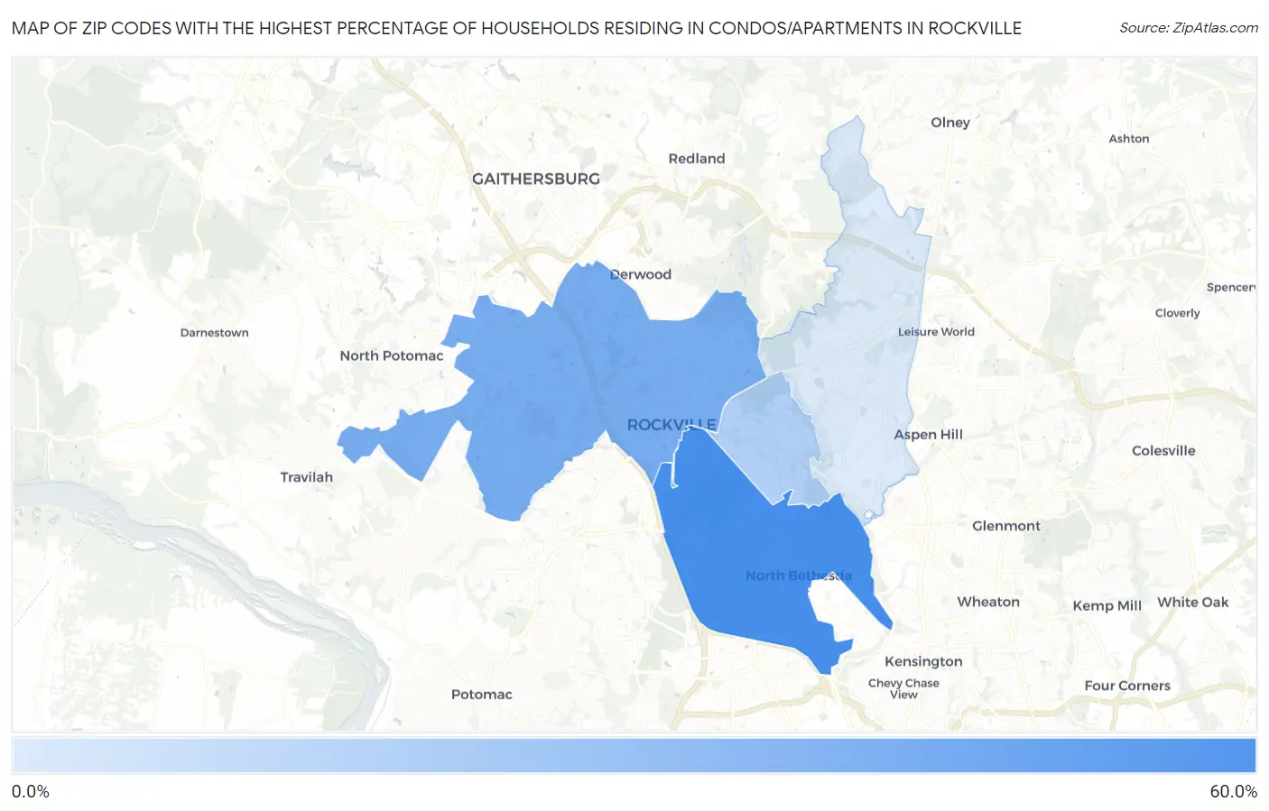 Zip Codes with the Highest Percentage of Households Residing in Condos/Apartments in Rockville Map