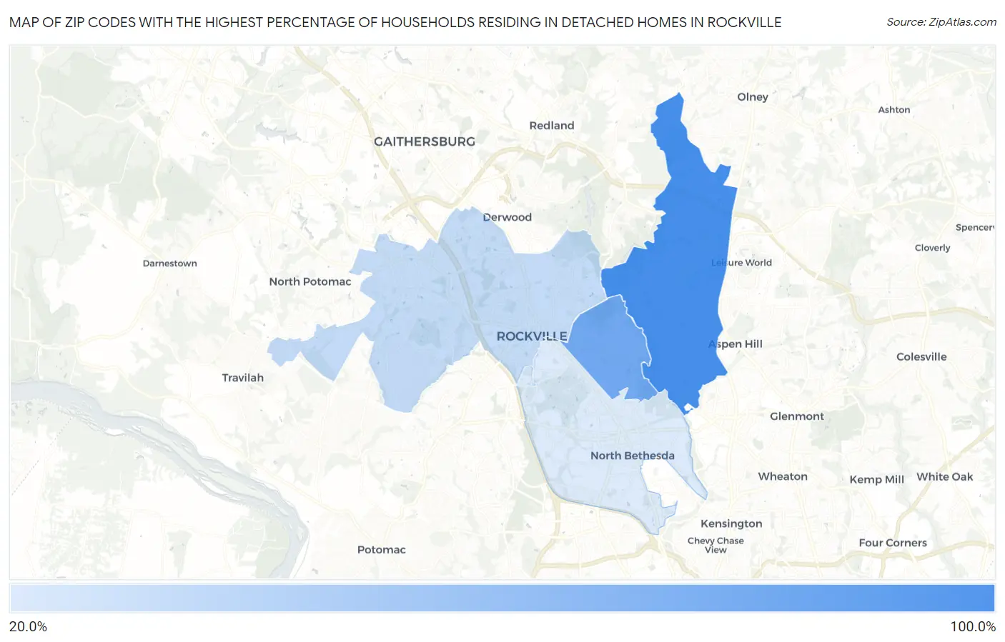 Zip Codes with the Highest Percentage of Households Residing in Detached Homes in Rockville Map