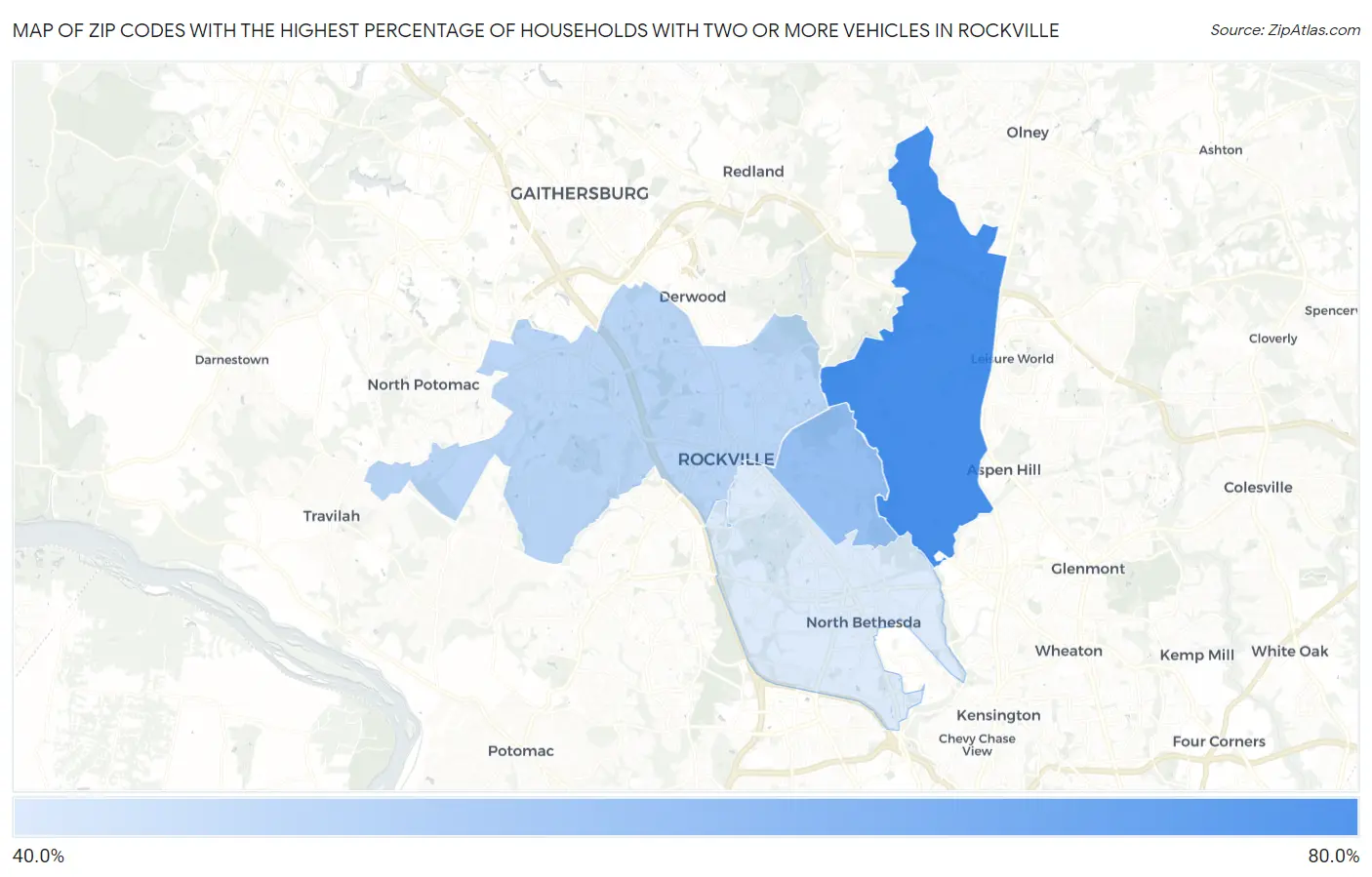 Zip Codes with the Highest Percentage of Households With Two or more Vehicles in Rockville Map