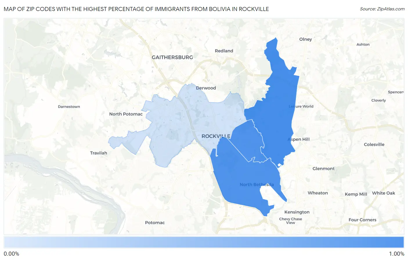 Zip Codes with the Highest Percentage of Immigrants from Bolivia in Rockville Map