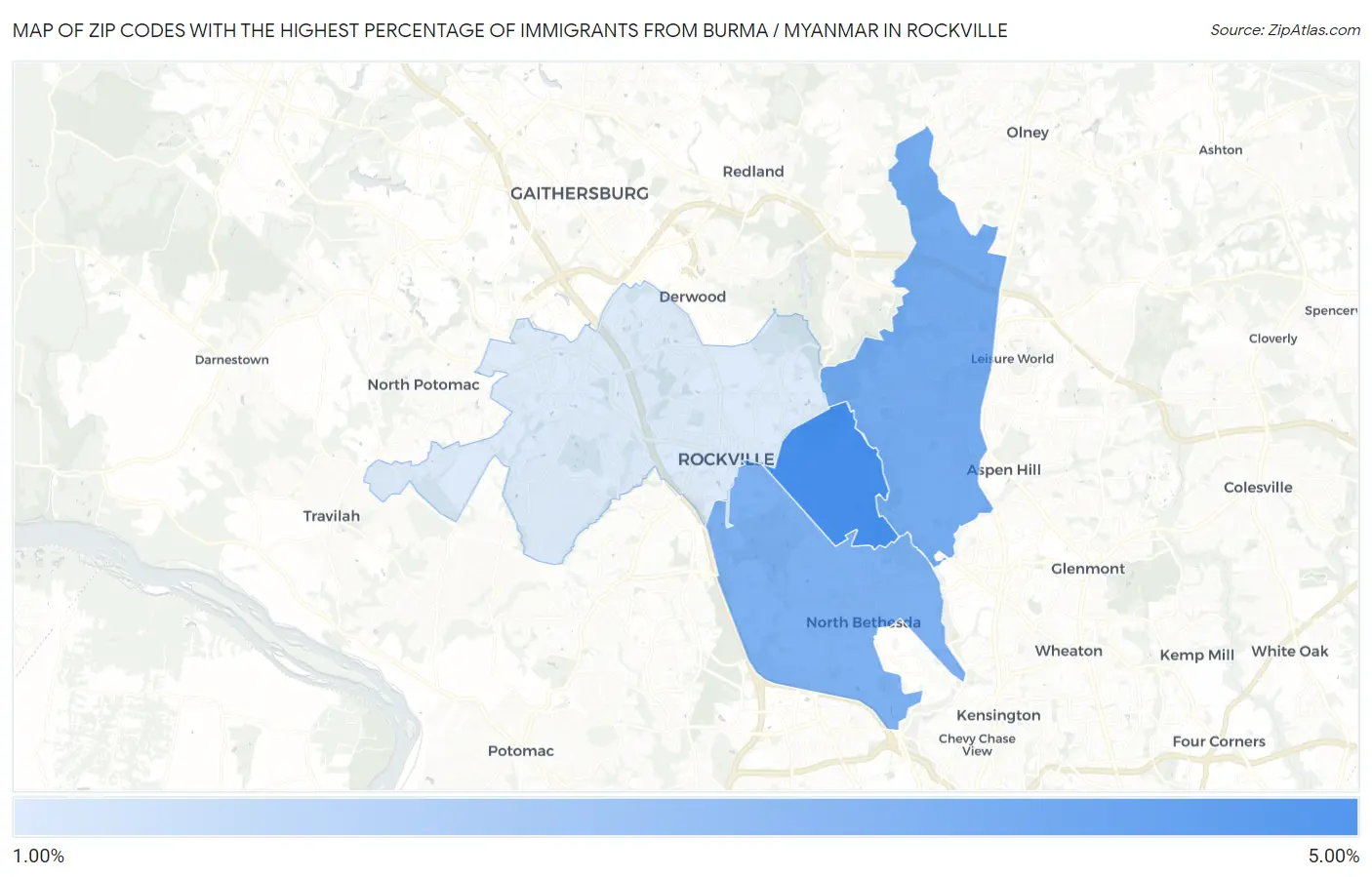 Zip Codes with the Highest Percentage of Immigrants from Burma / Myanmar in Rockville Map