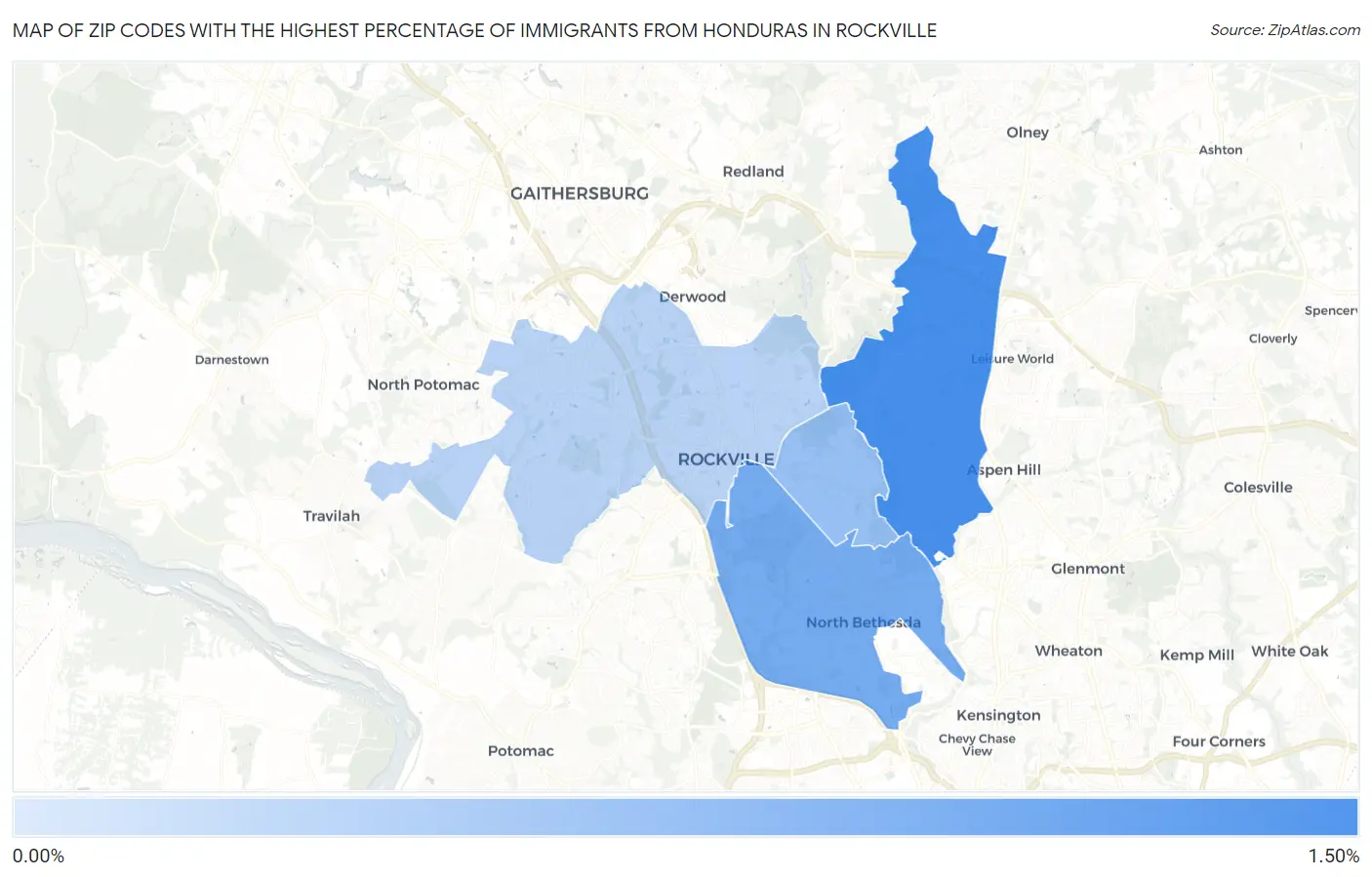 Zip Codes with the Highest Percentage of Immigrants from Honduras in Rockville Map