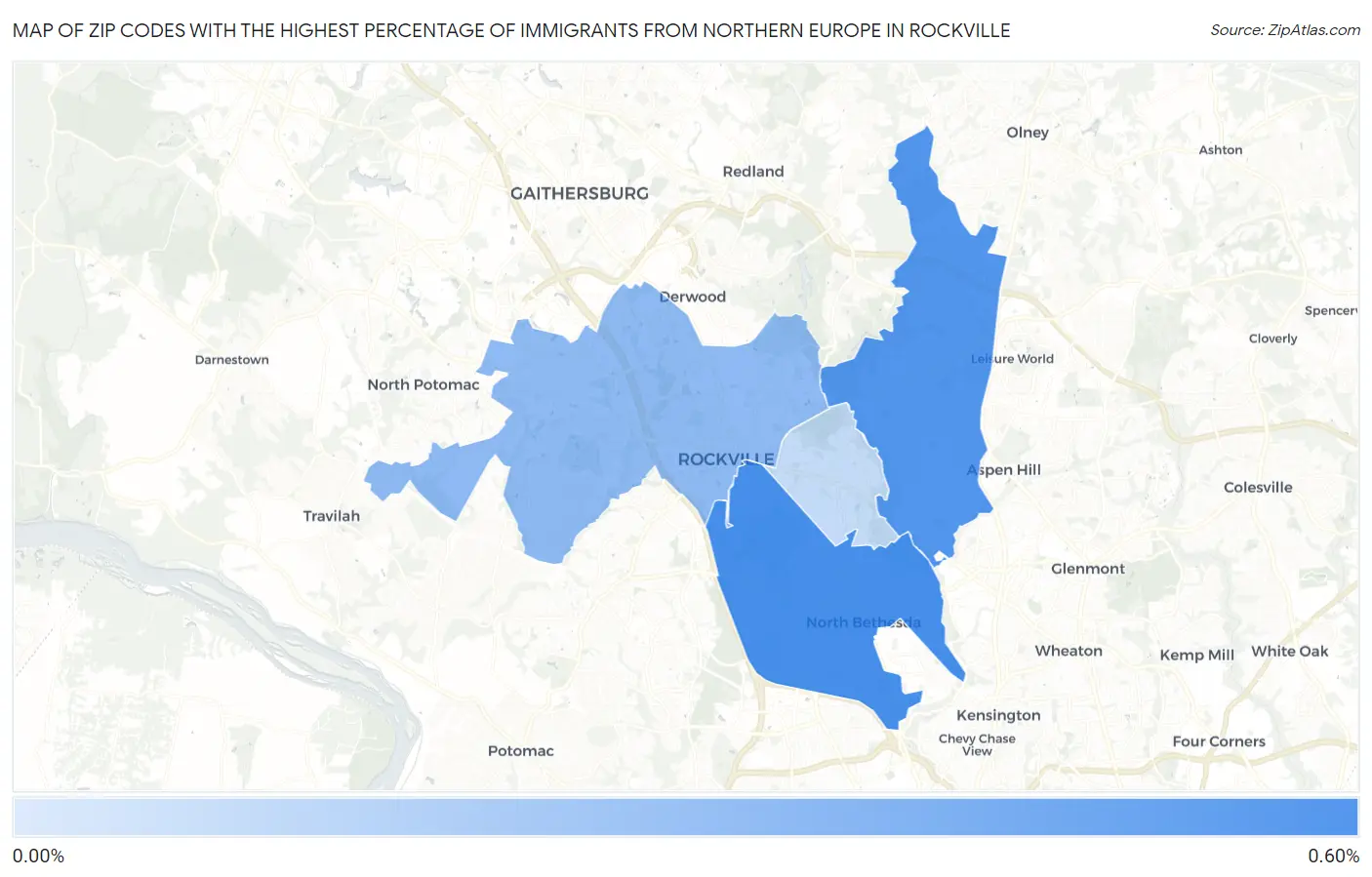 Zip Codes with the Highest Percentage of Immigrants from Northern Europe in Rockville Map