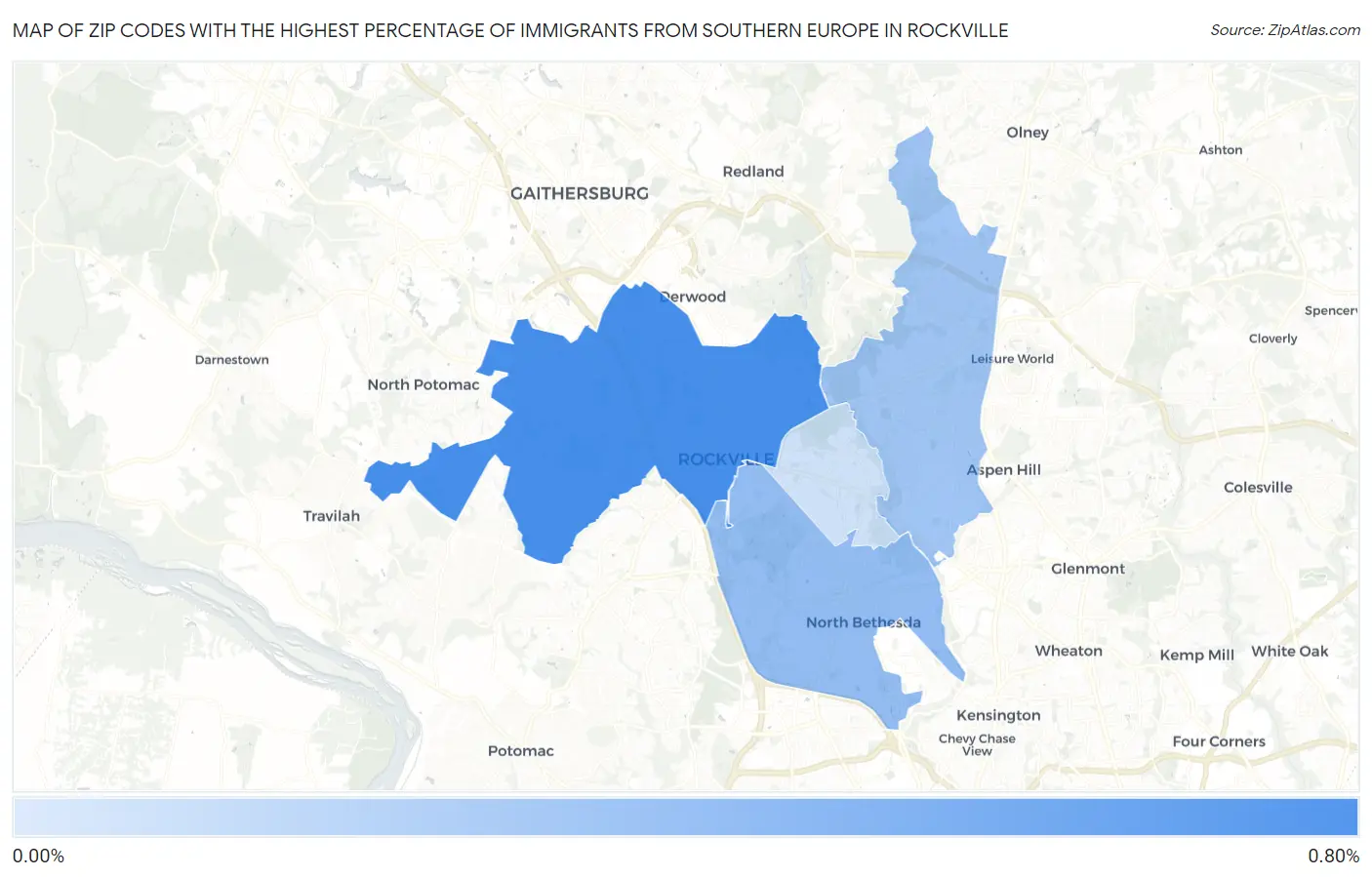 Zip Codes with the Highest Percentage of Immigrants from Southern Europe in Rockville Map