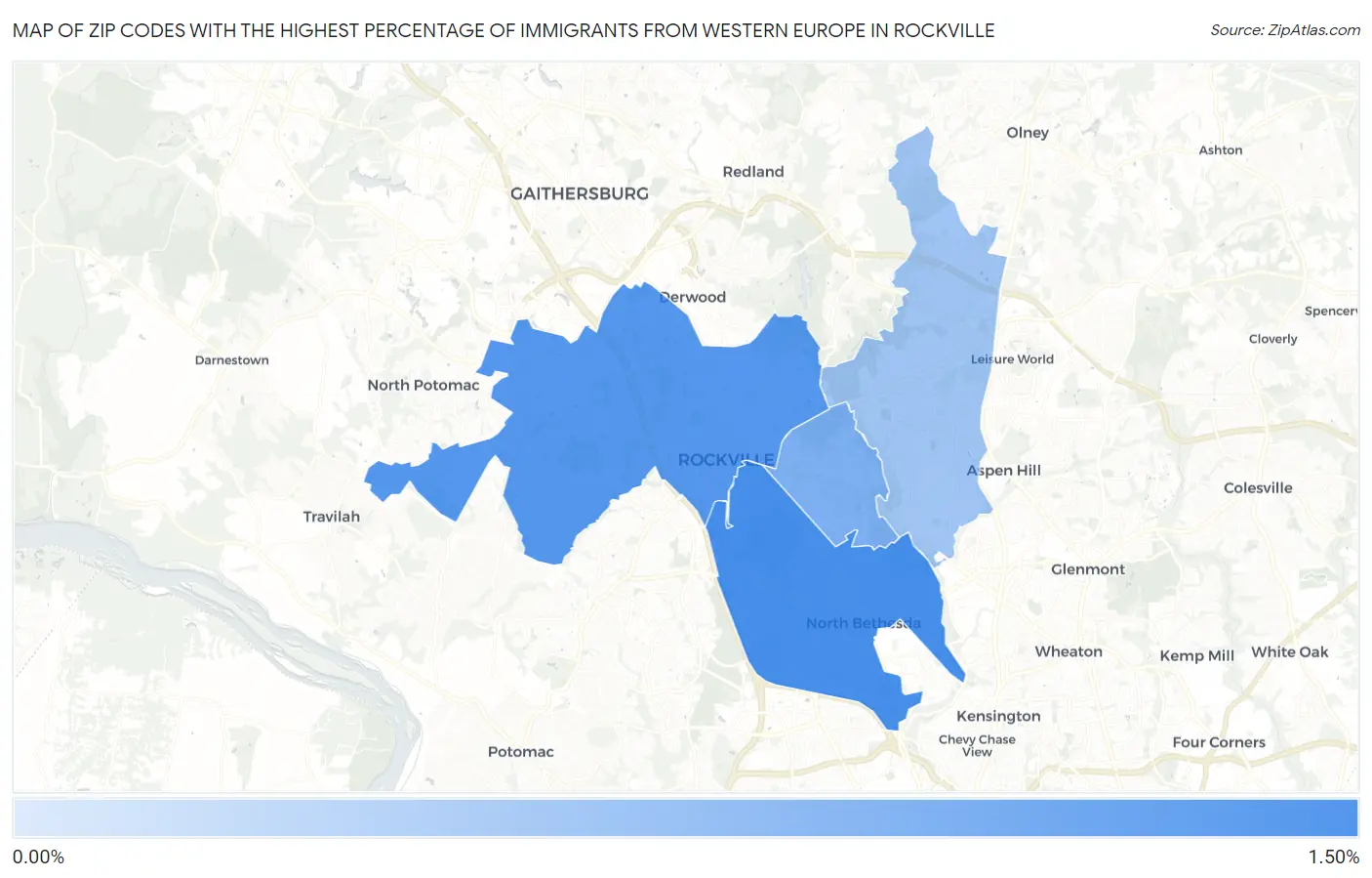 Zip Codes with the Highest Percentage of Immigrants from Western Europe in Rockville Map