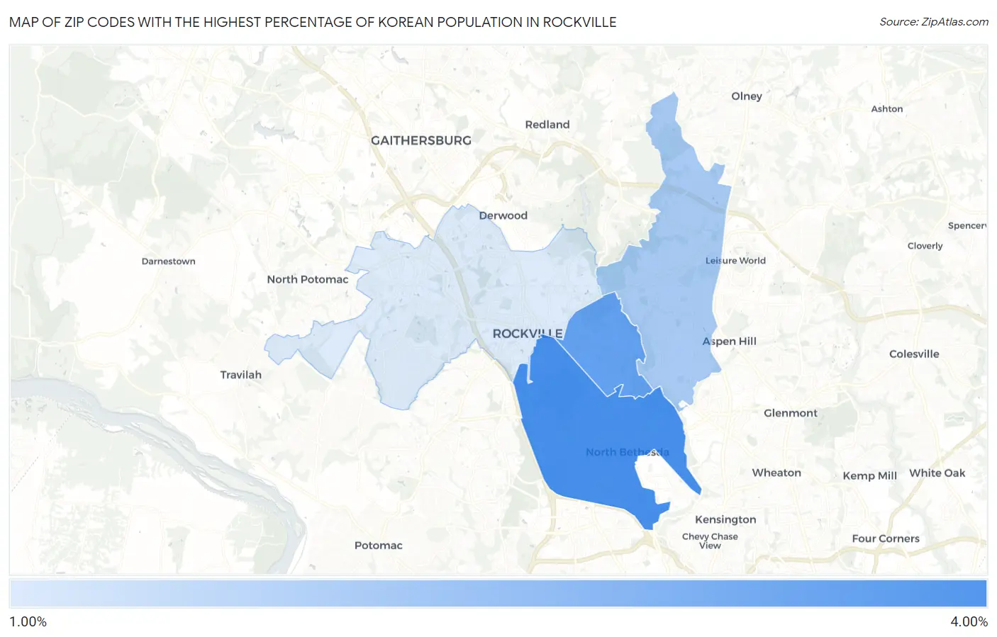 Zip Codes with the Highest Percentage of Korean Population in Rockville Map