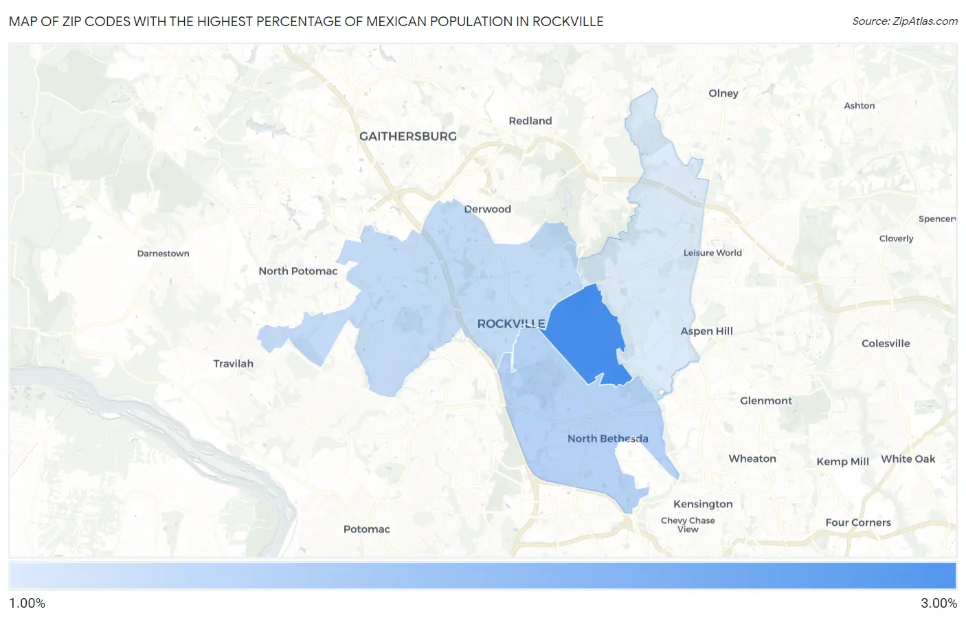 Zip Codes with the Highest Percentage of Mexican Population in Rockville Map