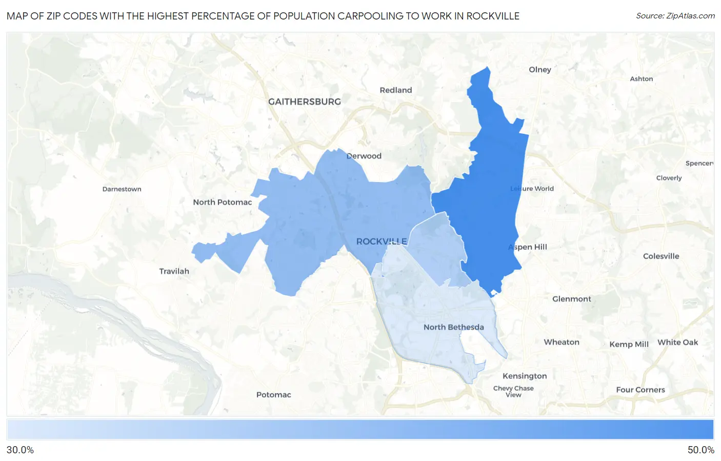 Zip Codes with the Highest Percentage of Population Carpooling to Work in Rockville Map
