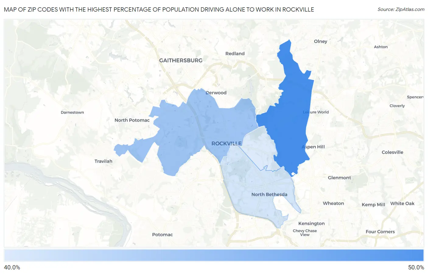 Zip Codes with the Highest Percentage of Population Driving Alone to Work in Rockville Map