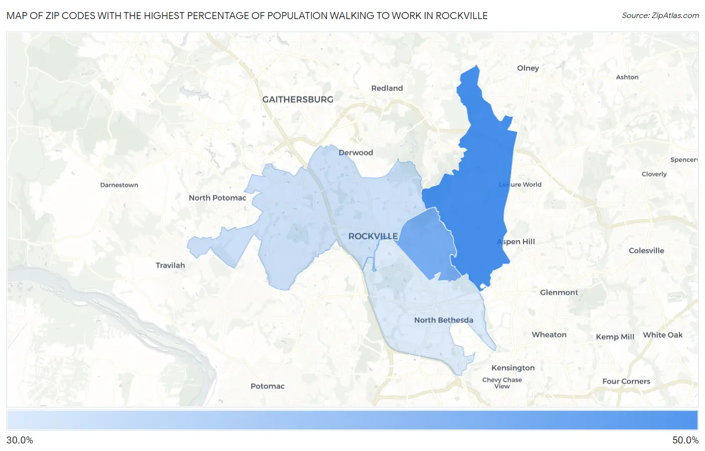 Zip Codes with the Highest Percentage of Population Walking to Work in Rockville Map