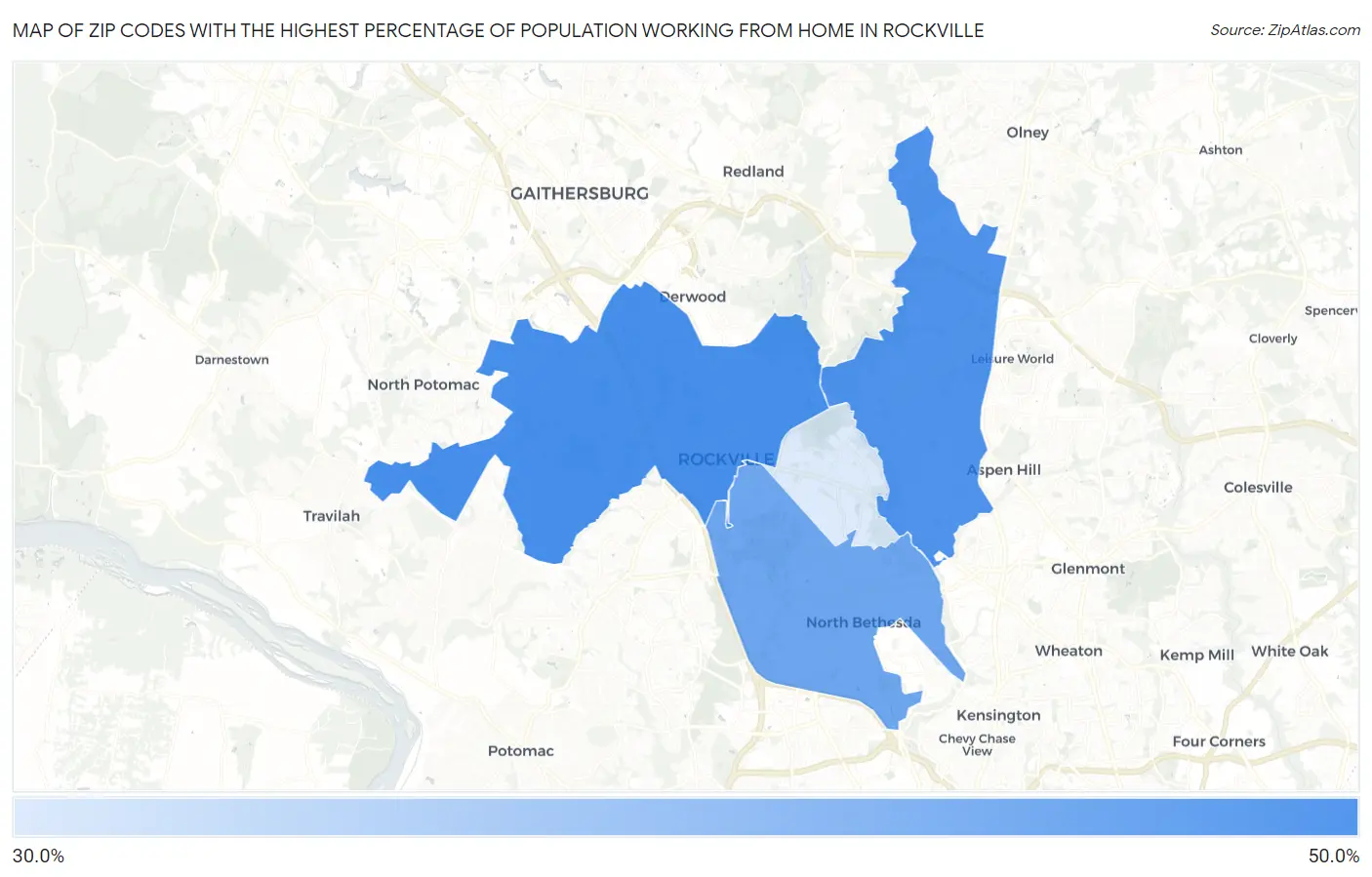 Zip Codes with the Highest Percentage of Population Working from Home in Rockville Map