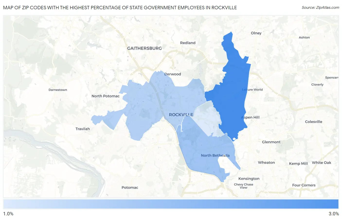 Zip Codes with the Highest Percentage of State Government Employees in Rockville Map