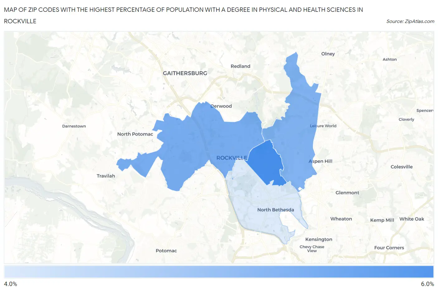 Zip Codes with the Highest Percentage of Population with a Degree in Physical and Health Sciences in Rockville Map