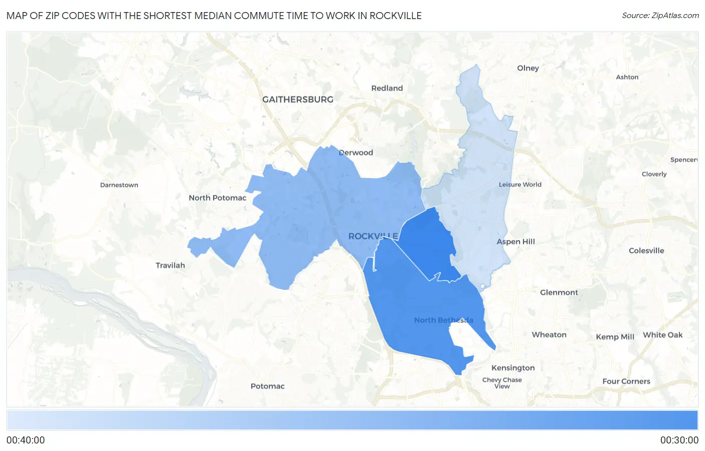 Zip Codes with the Shortest Median Commute Time to Work in Rockville Map