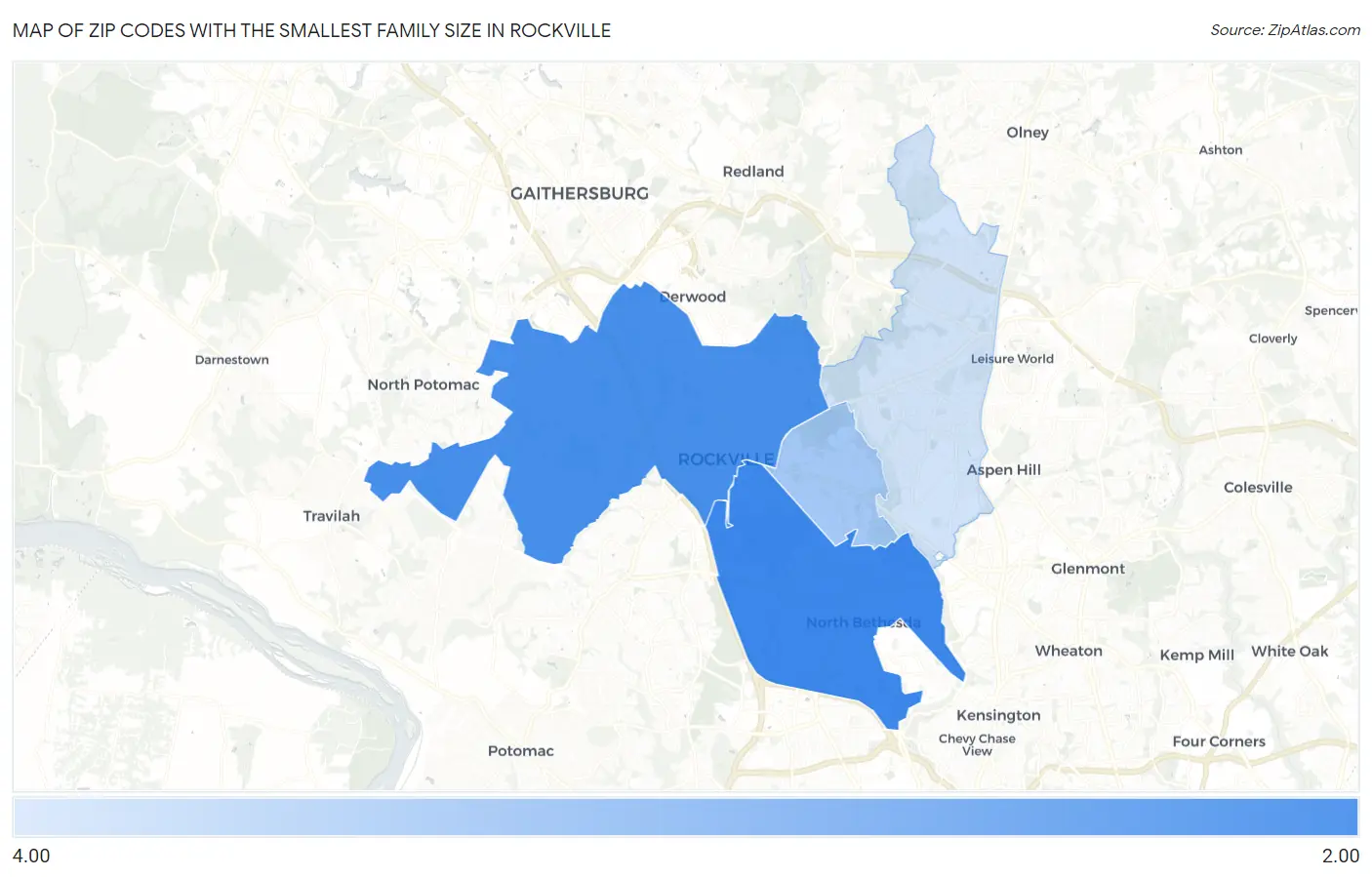Zip Codes with the Smallest Family Size in Rockville Map