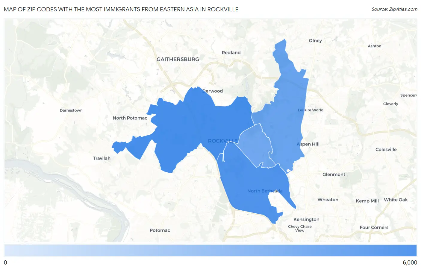 Zip Codes with the Most Immigrants from Eastern Asia in Rockville Map