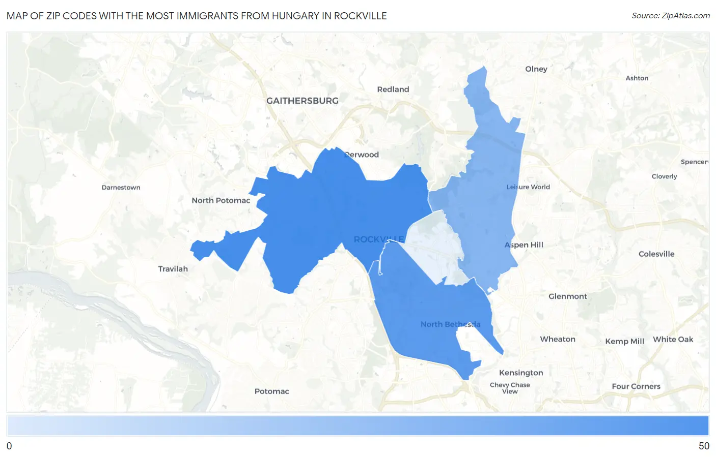 Zip Codes with the Most Immigrants from Hungary in Rockville Map