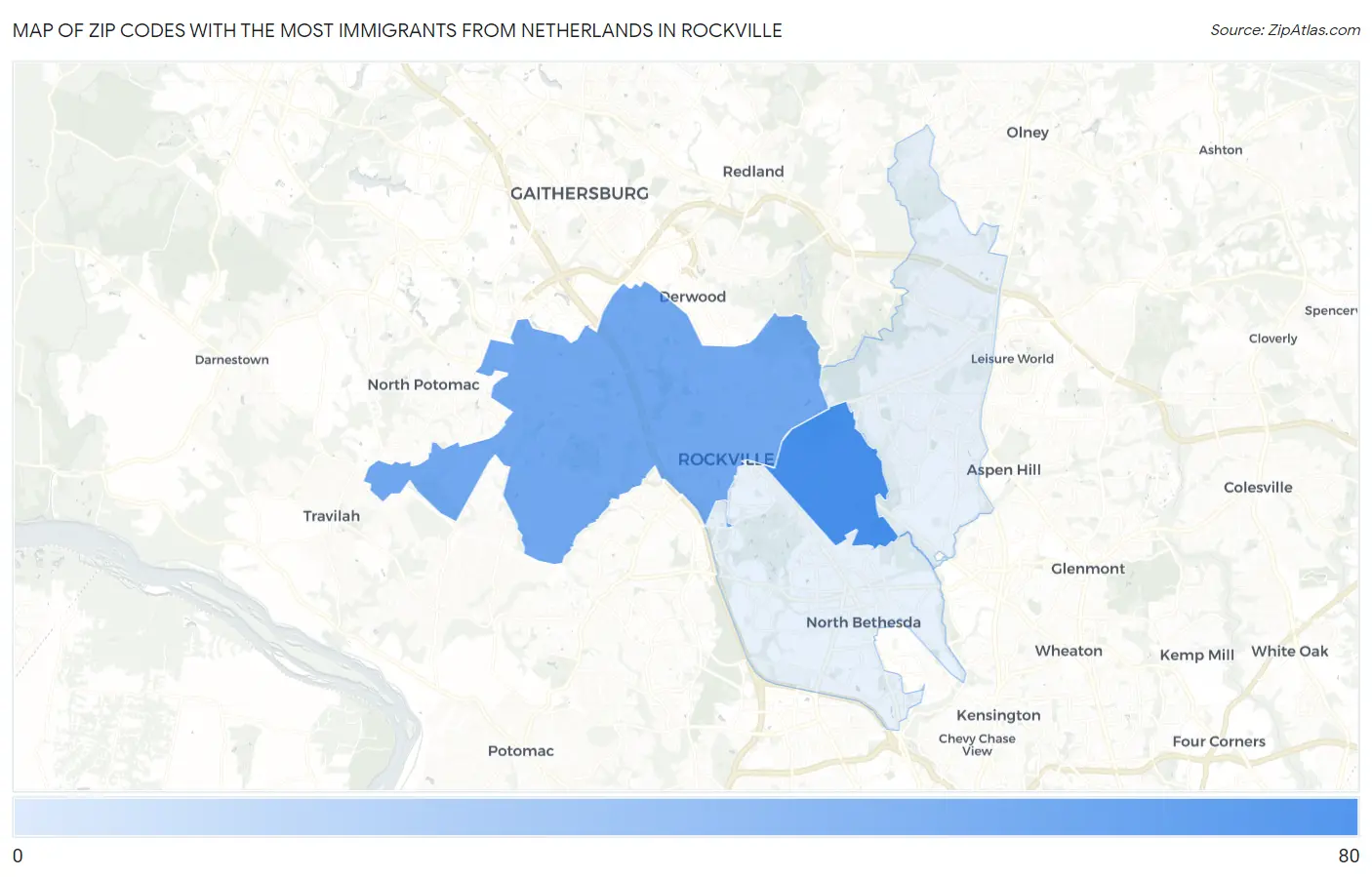 Zip Codes with the Most Immigrants from Netherlands in Rockville Map