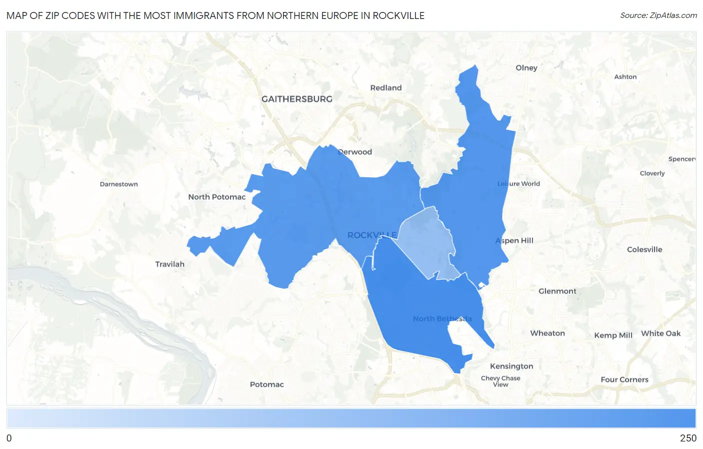 Zip Codes with the Most Immigrants from Northern Europe in Rockville Map