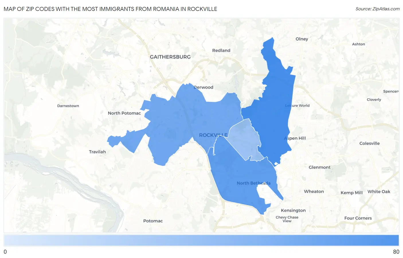 Zip Codes with the Most Immigrants from Romania in Rockville Map
