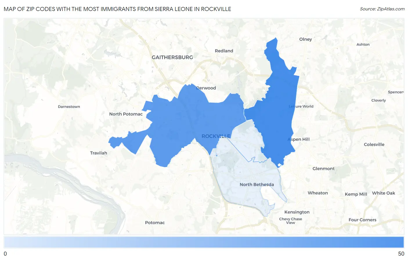 Zip Codes with the Most Immigrants from Sierra Leone in Rockville Map