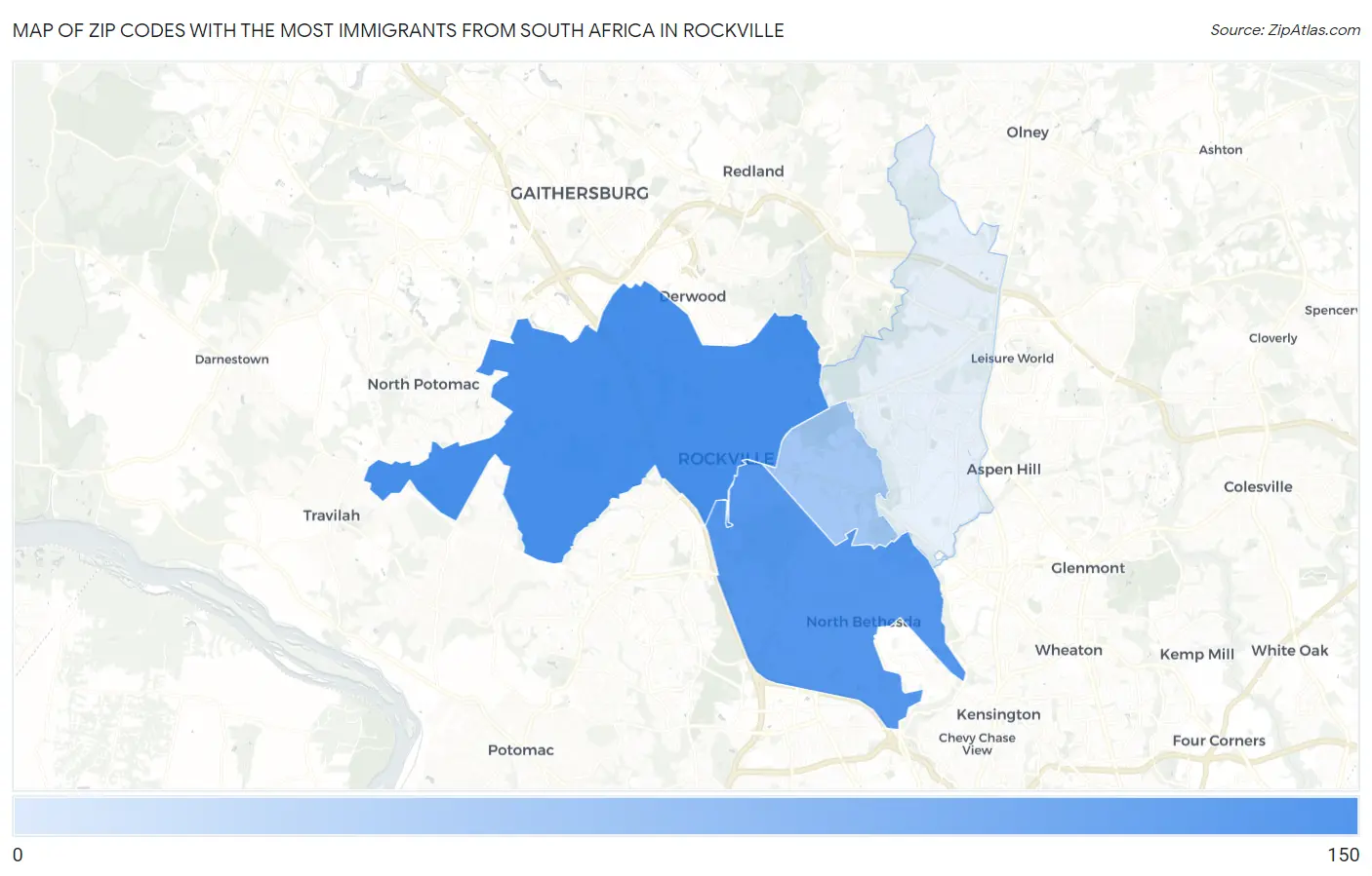 Zip Codes with the Most Immigrants from South Africa in Rockville Map