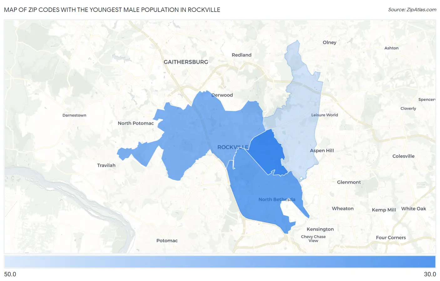 Zip Codes with the Youngest Male Population in Rockville Map