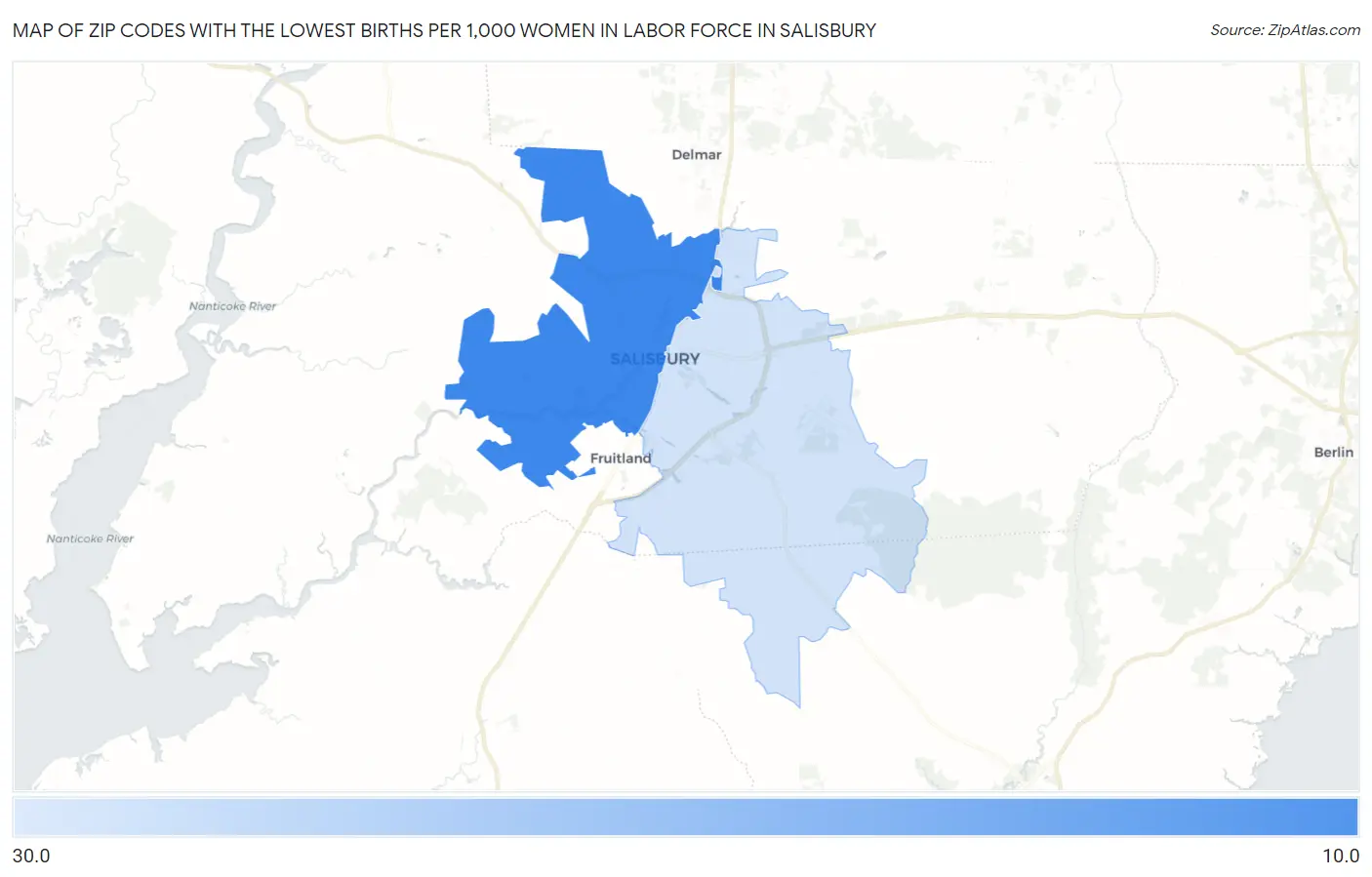 Zip Codes with the Lowest Births per 1,000 Women in Labor Force in Salisbury Map