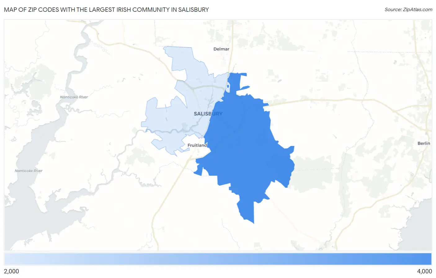 Zip Codes with the Largest Irish Community in Salisbury Map