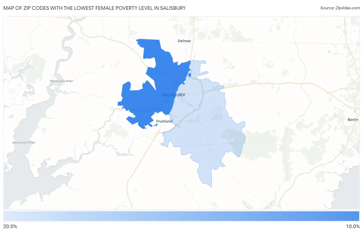 Zip Codes with the Lowest Female Poverty Level in Salisbury Map