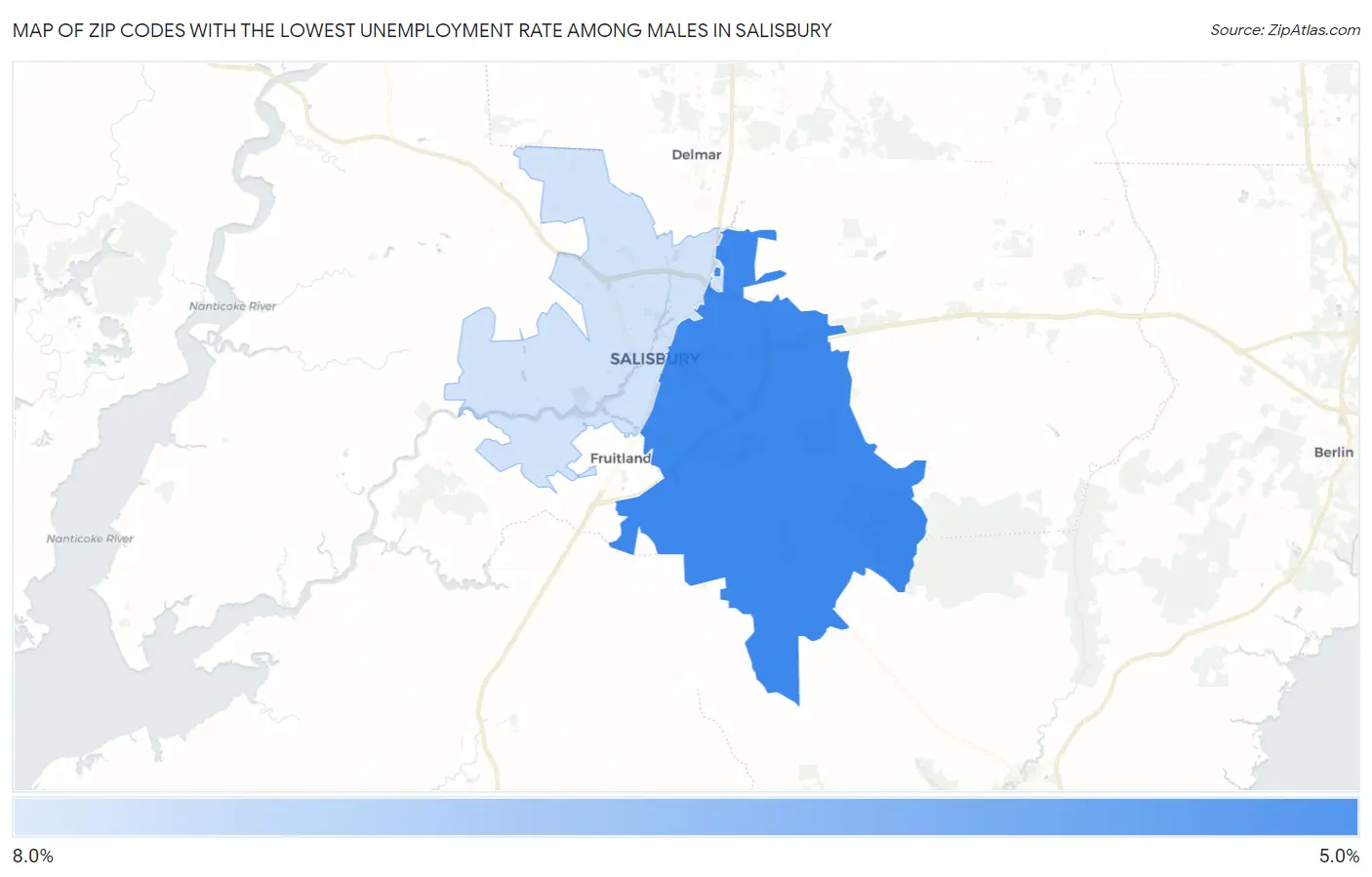 Zip Codes with the Lowest Unemployment Rate Among Males in Salisbury Map