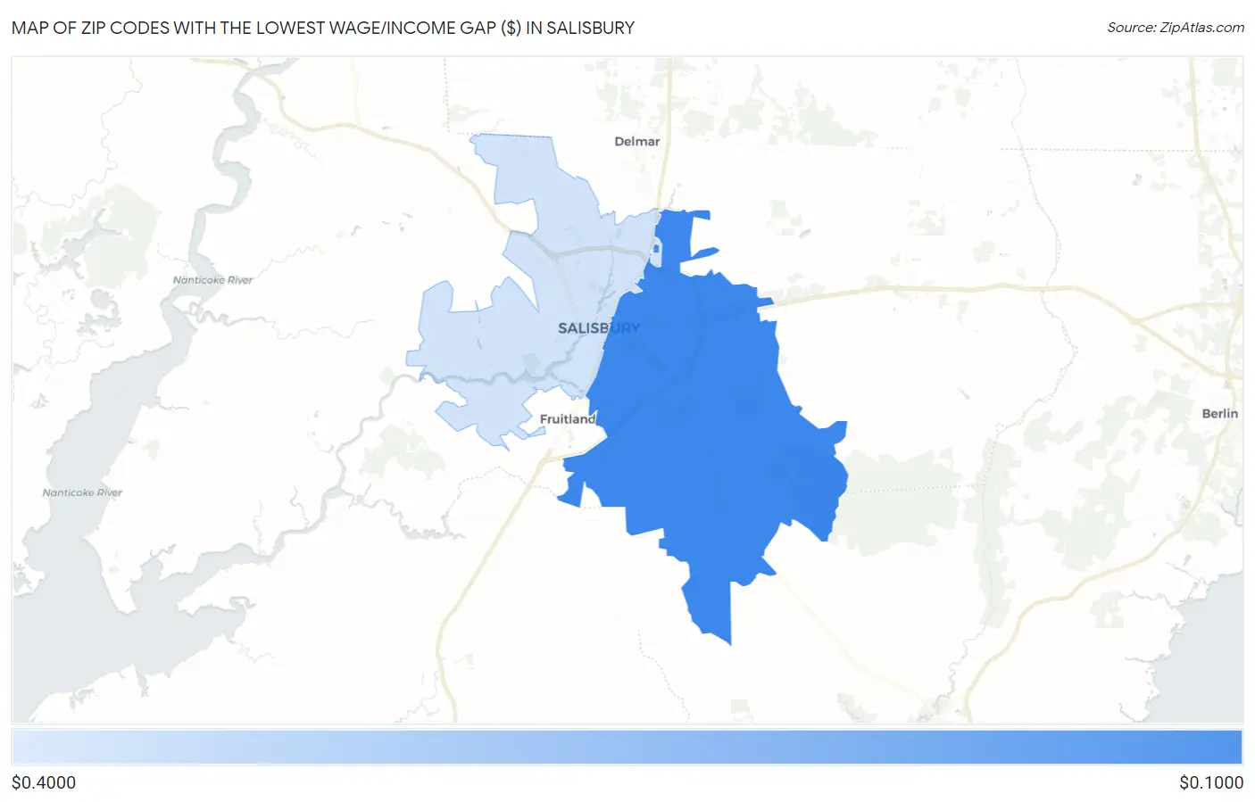 Zip Codes with the Lowest Wage/Income Gap ($) in Salisbury Map