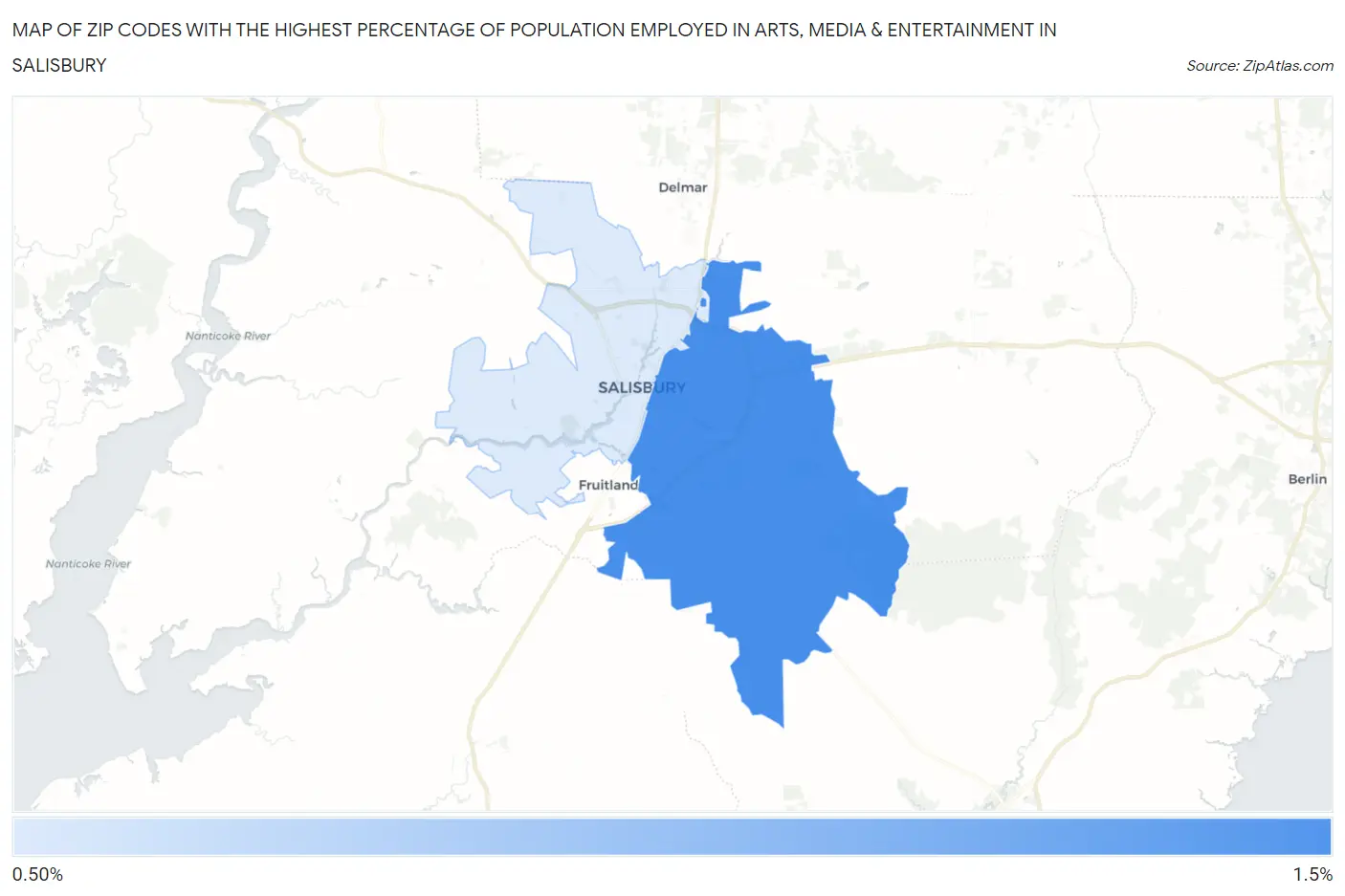 Zip Codes with the Highest Percentage of Population Employed in Arts, Media & Entertainment in Salisbury Map