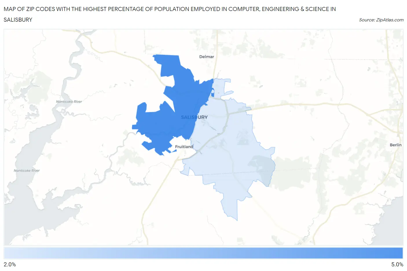 Zip Codes with the Highest Percentage of Population Employed in Computer, Engineering & Science in Salisbury Map