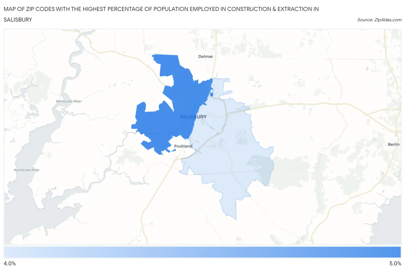 Zip Codes with the Highest Percentage of Population Employed in Construction & Extraction in Salisbury Map
