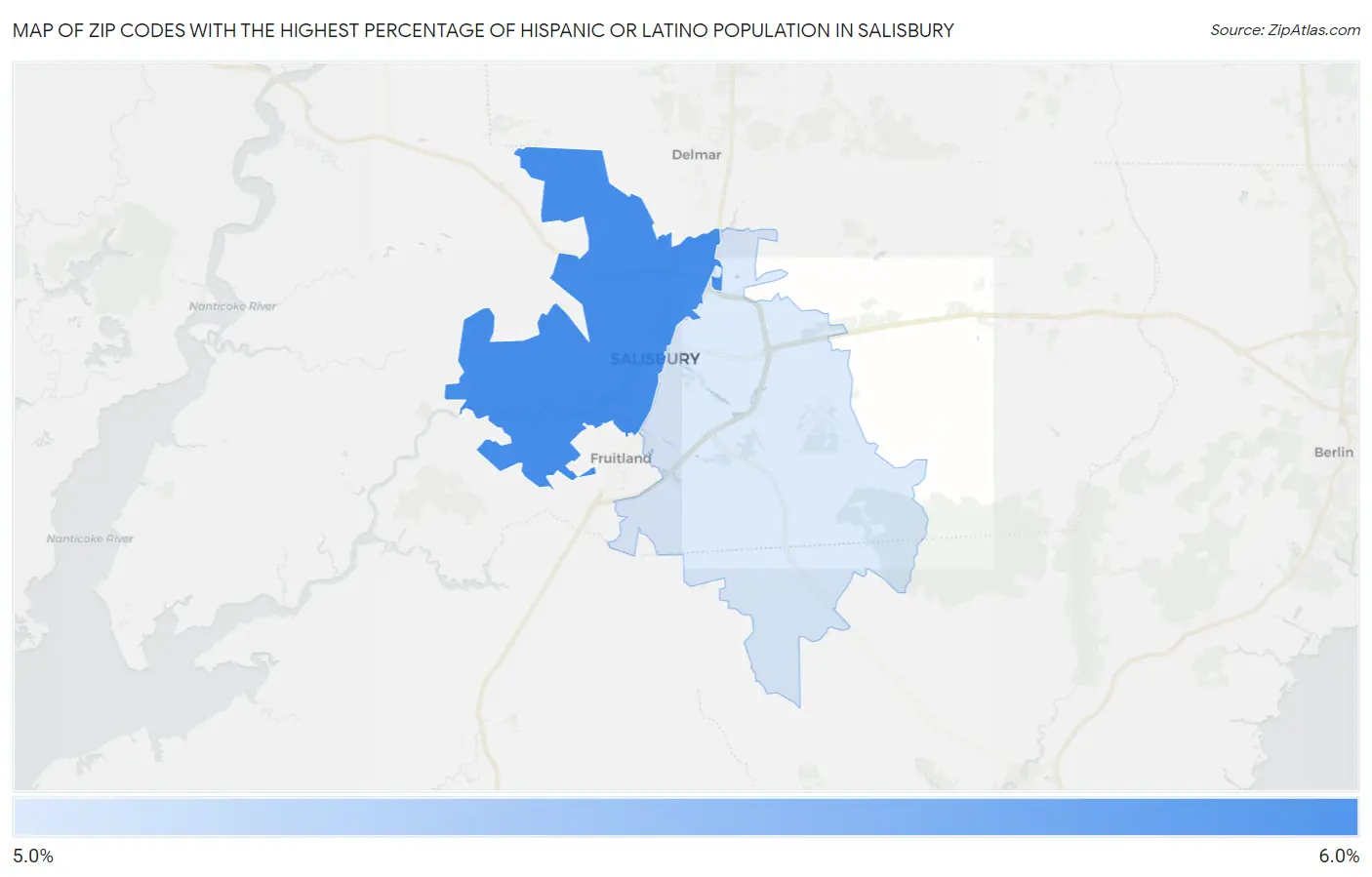 Zip Codes with the Highest Percentage of Hispanic or Latino Population in Salisbury Map