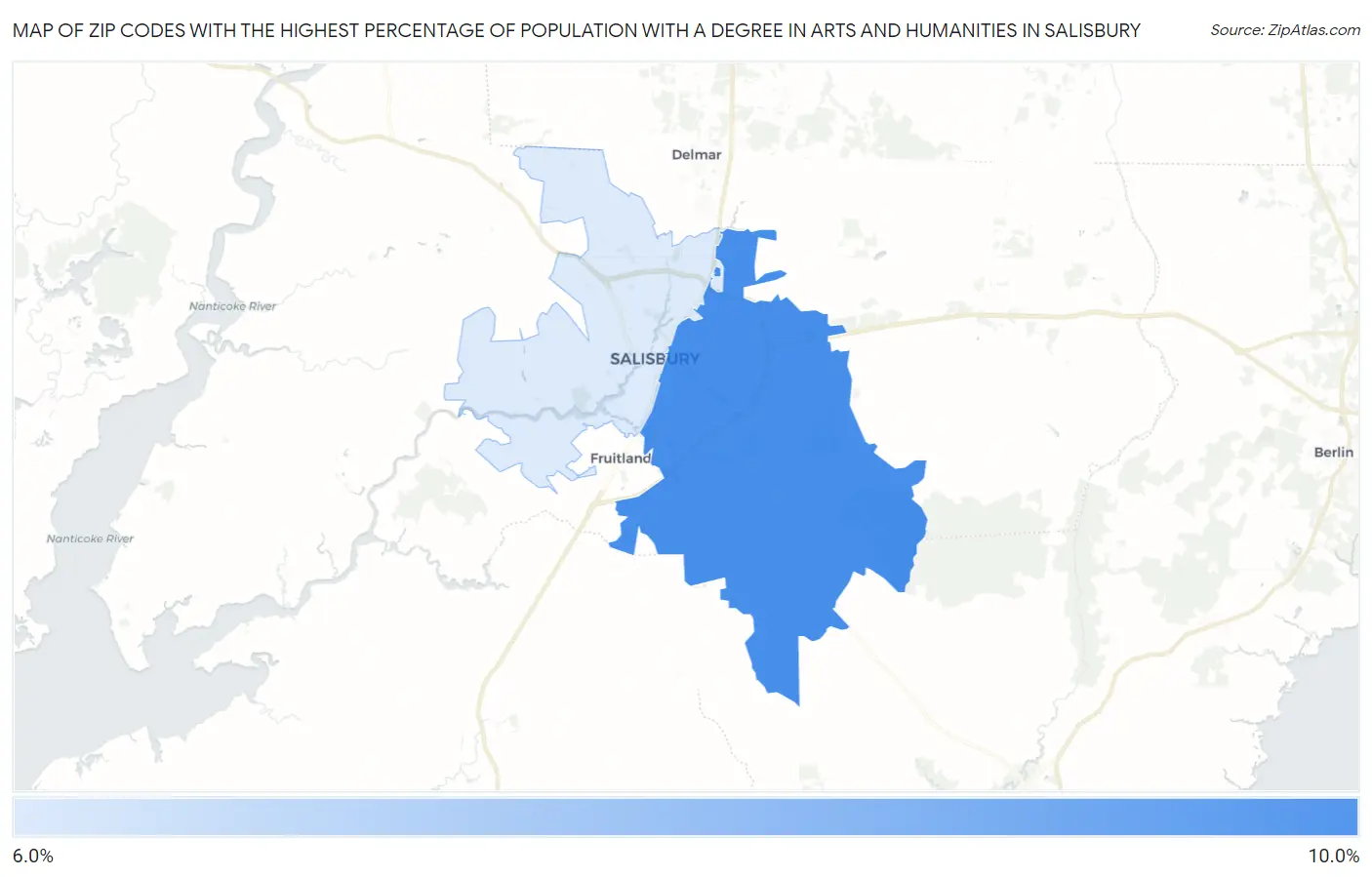 Zip Codes with the Highest Percentage of Population with a Degree in Arts and Humanities in Salisbury Map