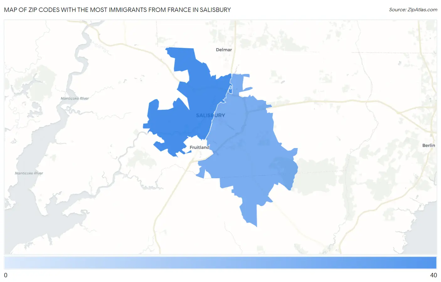 Zip Codes with the Most Immigrants from France in Salisbury Map