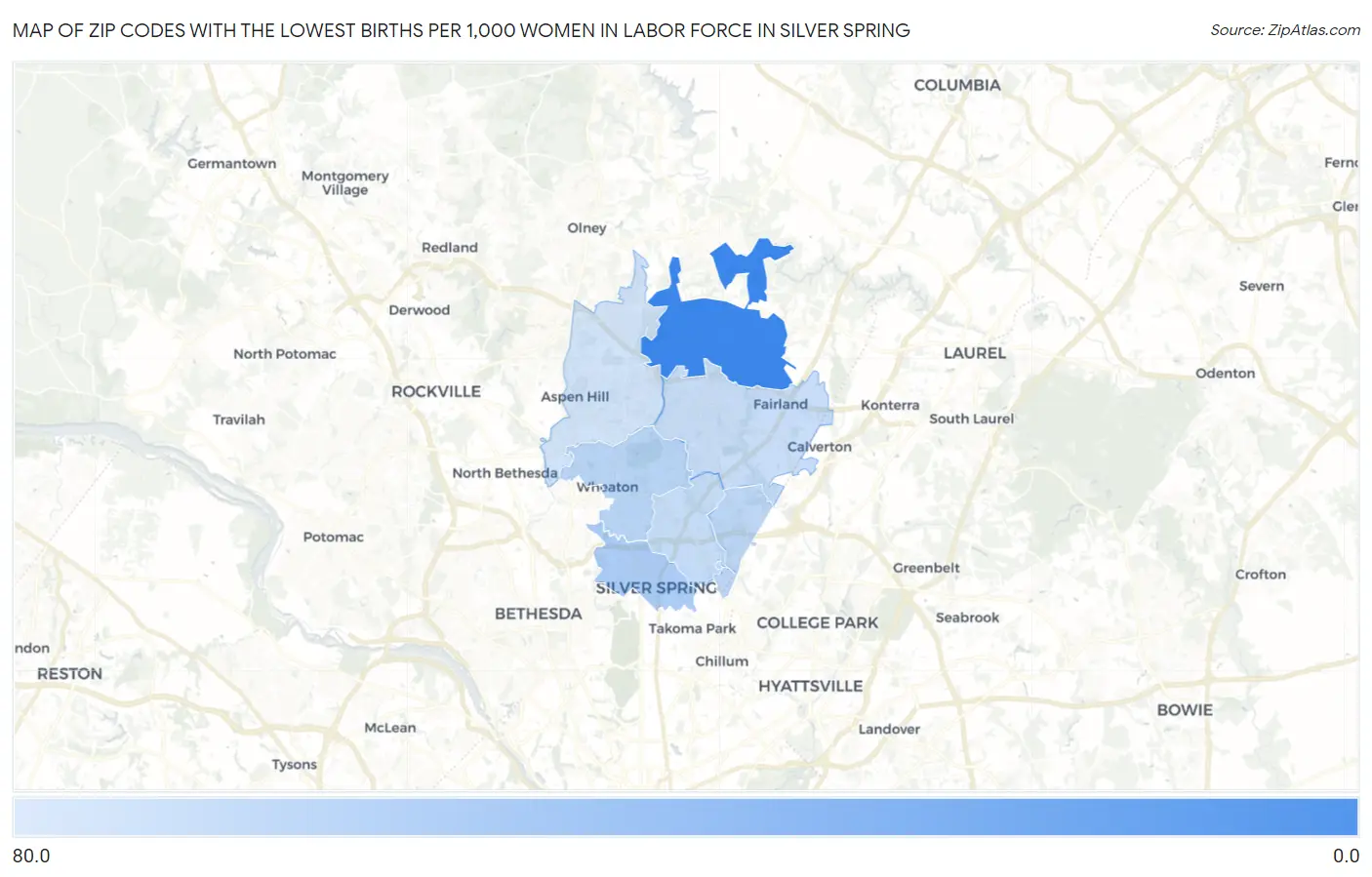 Zip Codes with the Lowest Births per 1,000 Women in Labor Force in Silver Spring Map