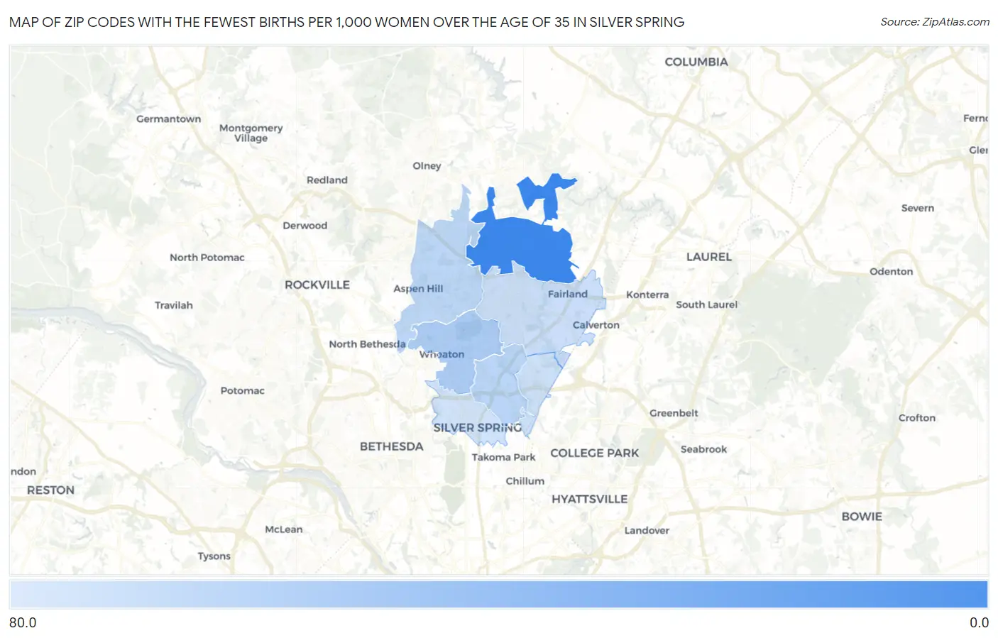 Zip Codes with the Fewest Births per 1,000 Women Over the Age of 35 in Silver Spring Map