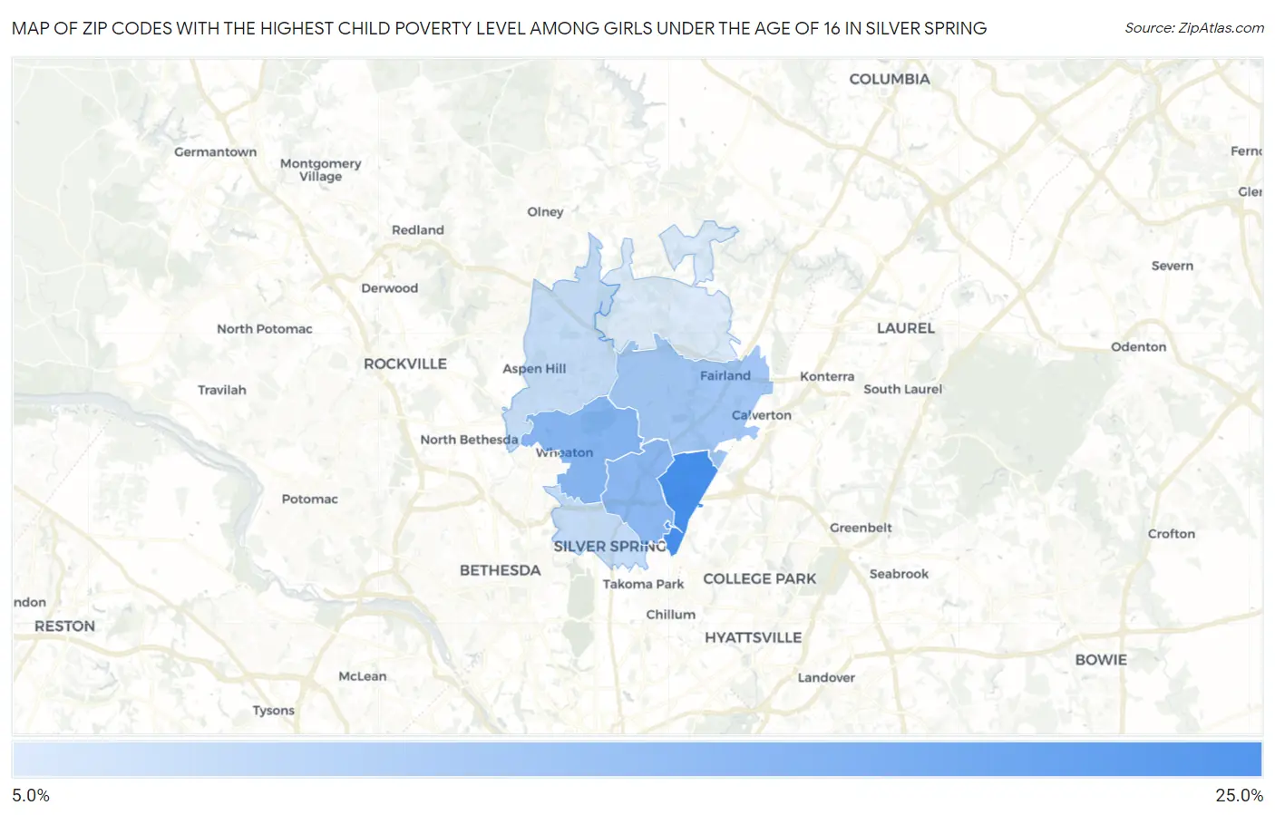 Zip Codes with the Highest Child Poverty Level Among Girls Under the Age of 16 in Silver Spring Map