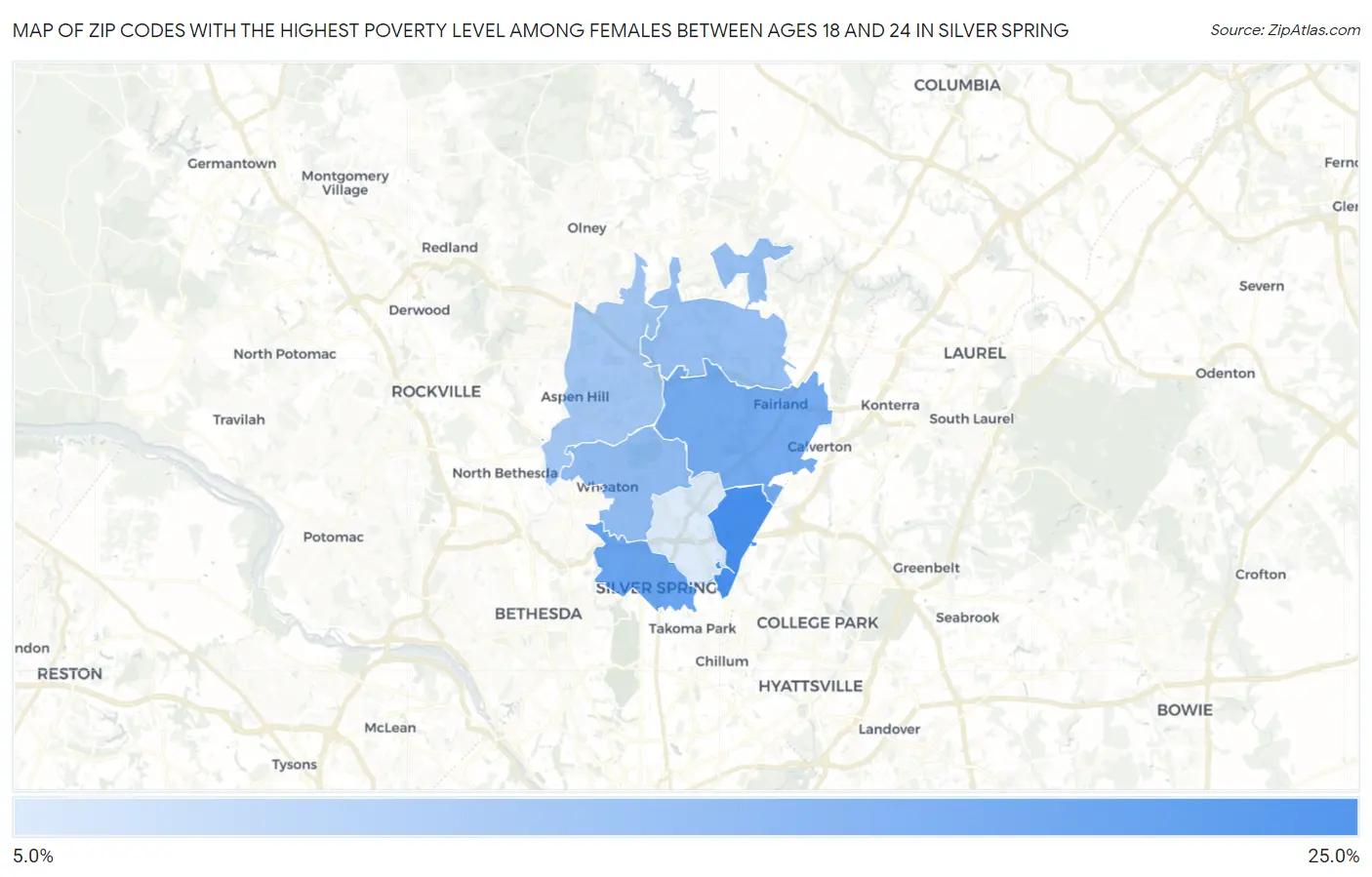 Zip Codes with the Highest Poverty Level Among Females Between Ages 18 and 24 in Silver Spring Map